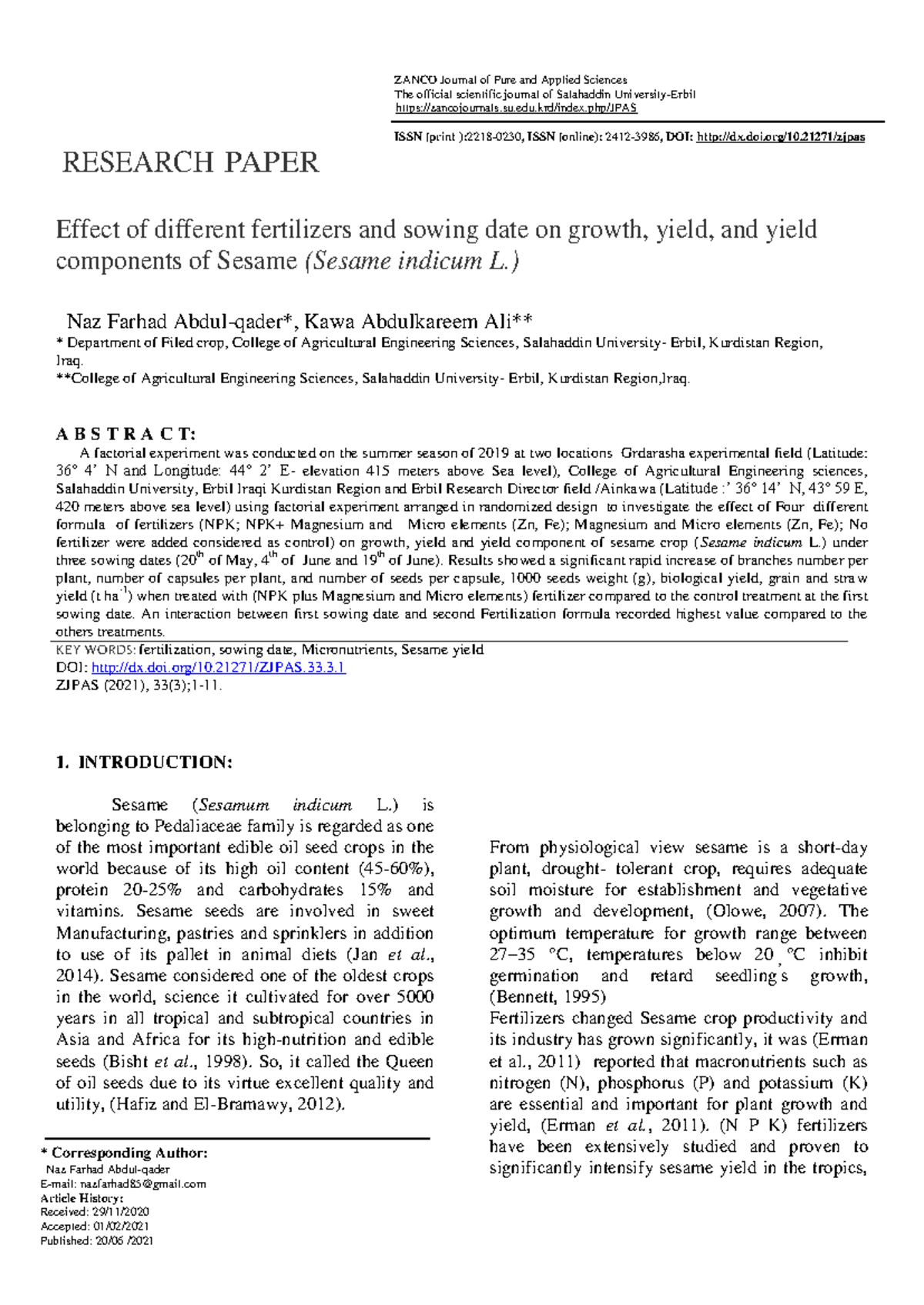 Effect of Fertilizers and Sowing Dates on Sesame Growth (AGRI 101 ...