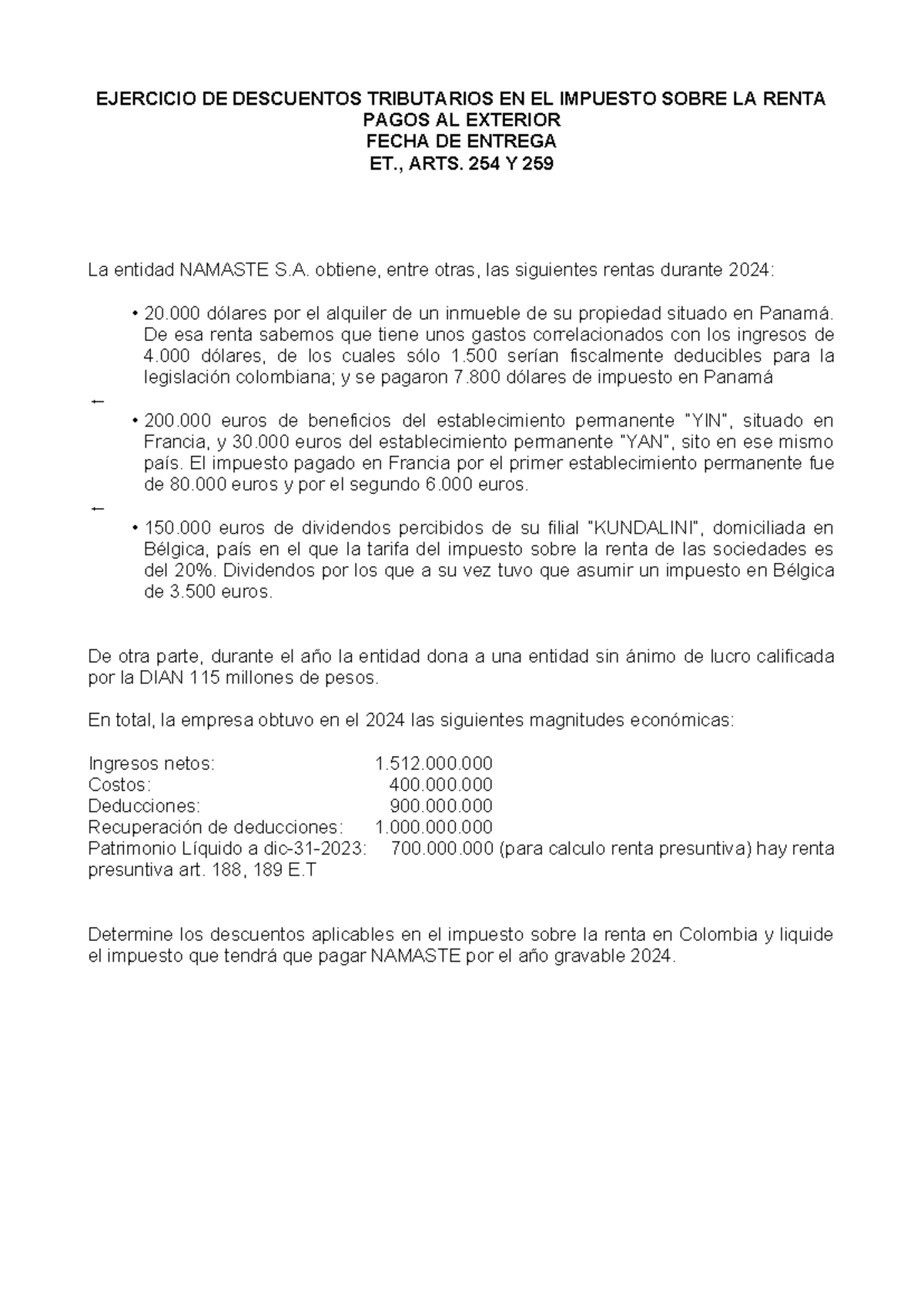 Caso descuentos tributarios 2024 - EJERCICIO DE DESCUENTOS TRIBUTARIOS ...
