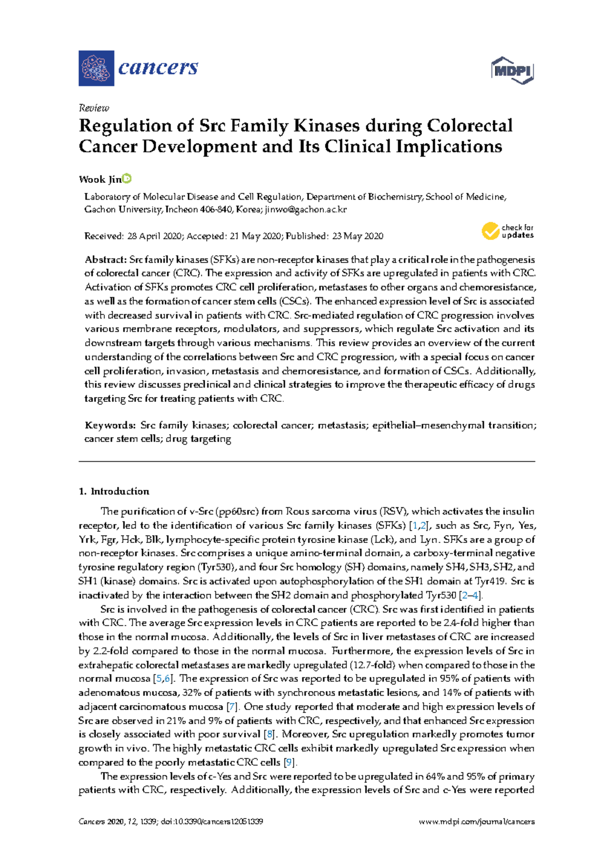 Cancers 2020, 12, 1339: Regulation of Src Family Kinases in Colorectal ...