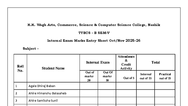 TYBCS - B SEM-V Internal Exam Marks Entry Sheet 2025-26 - Studocu