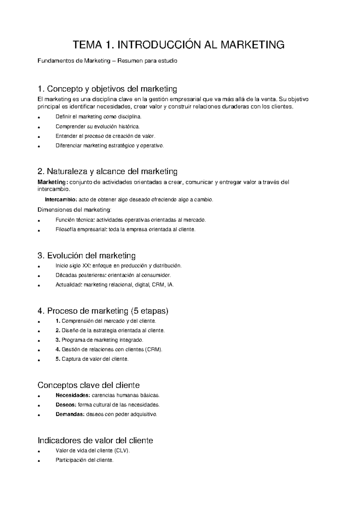 TEMA 1: Resumen de Introducción al Marketing para Estudio - Studocu