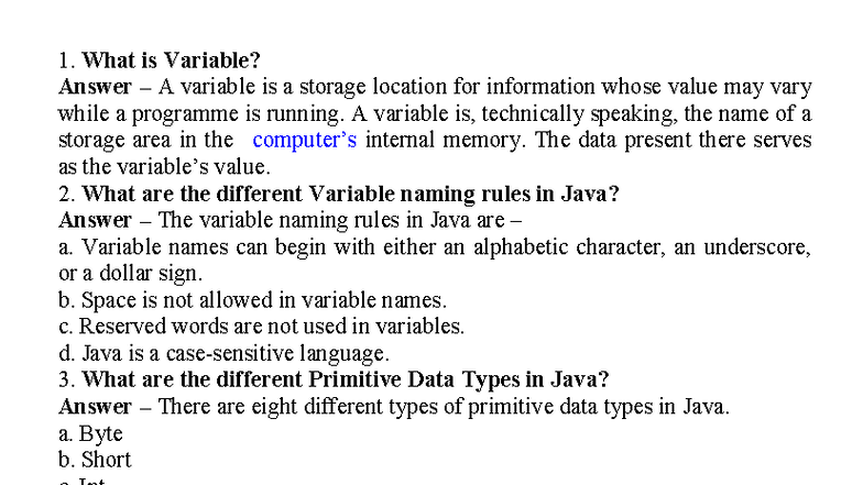 Java Programming Q&A - Class Notes on Variables & Data Types - Studocu