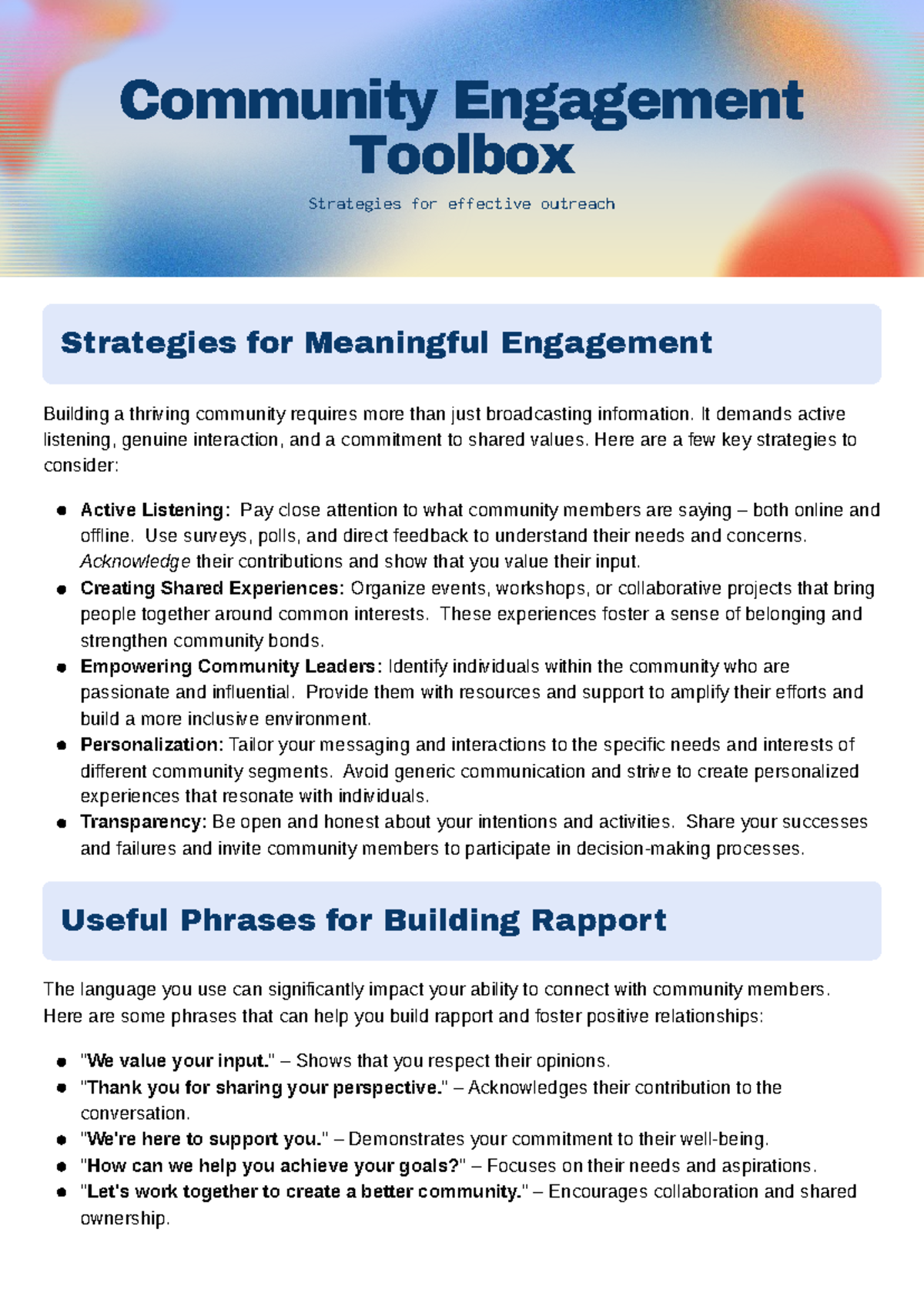 Community Engagement Toolbox: Strategies for Meaningful Outreach ...