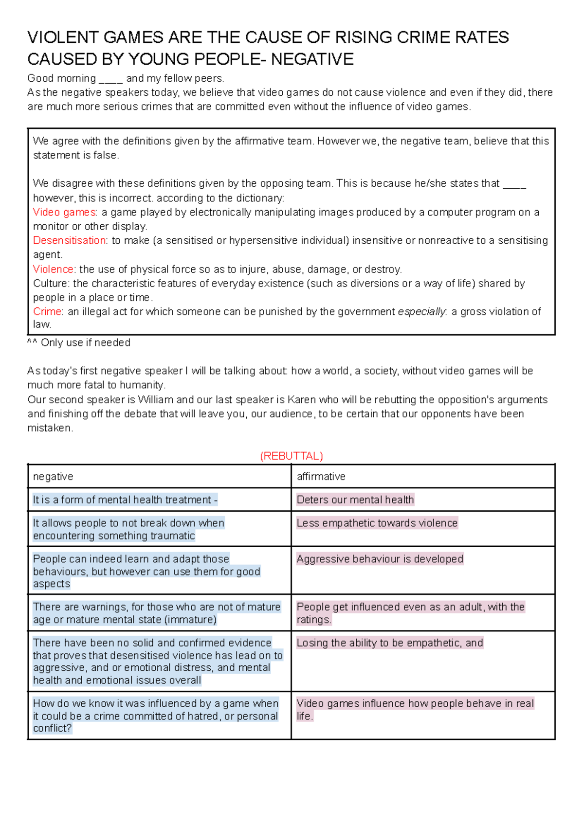 Argumentative Speech script/ plan - VIOLENT GAMES ARE THE CAUSE OF ...