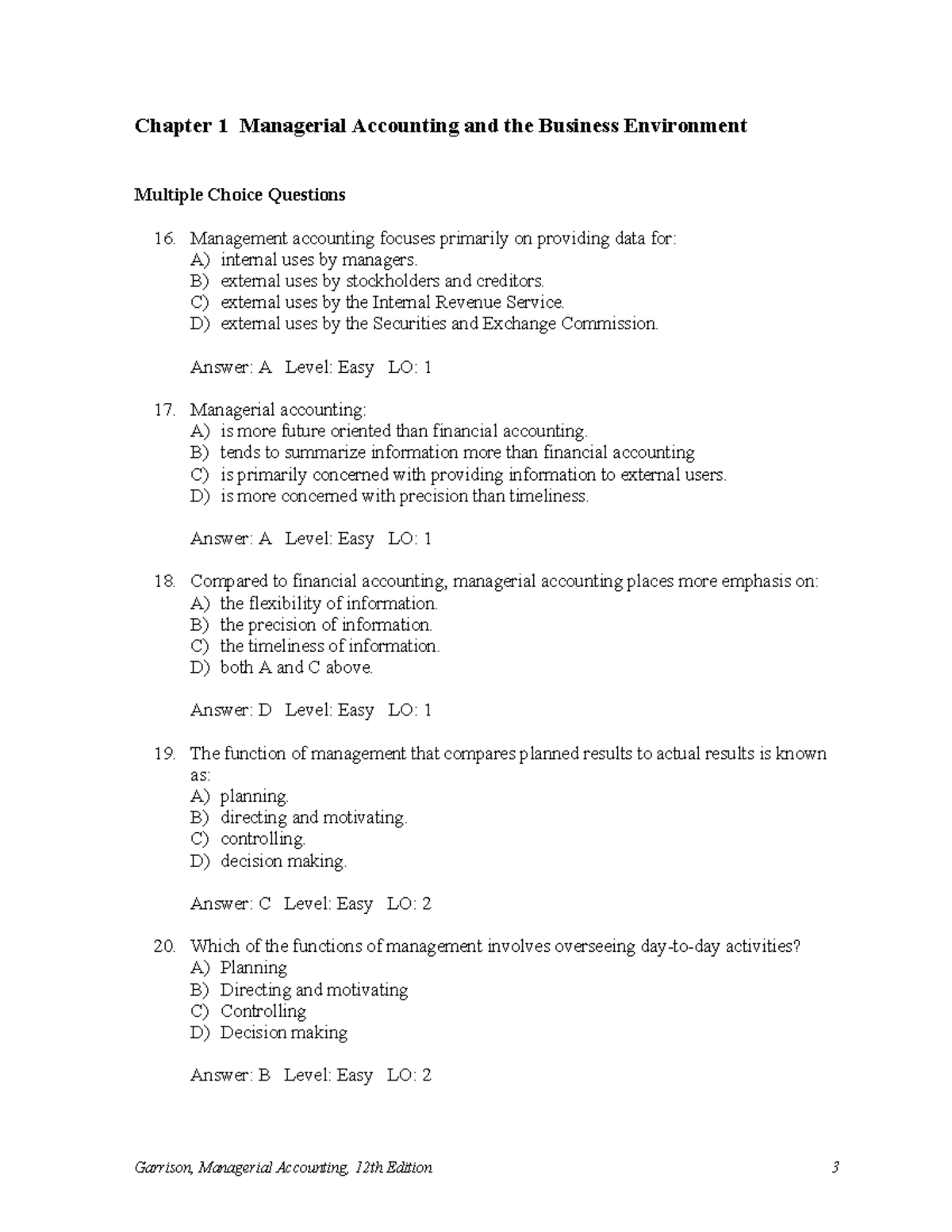 Managerial Accounting (ACCT 485) Chapter 1 MCQs Test Bank - Studocu