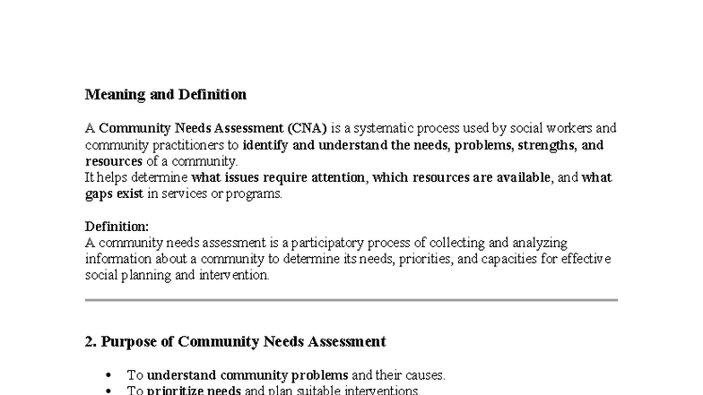CNA: Understanding Community Needs Assessment in Social Work - Studocu