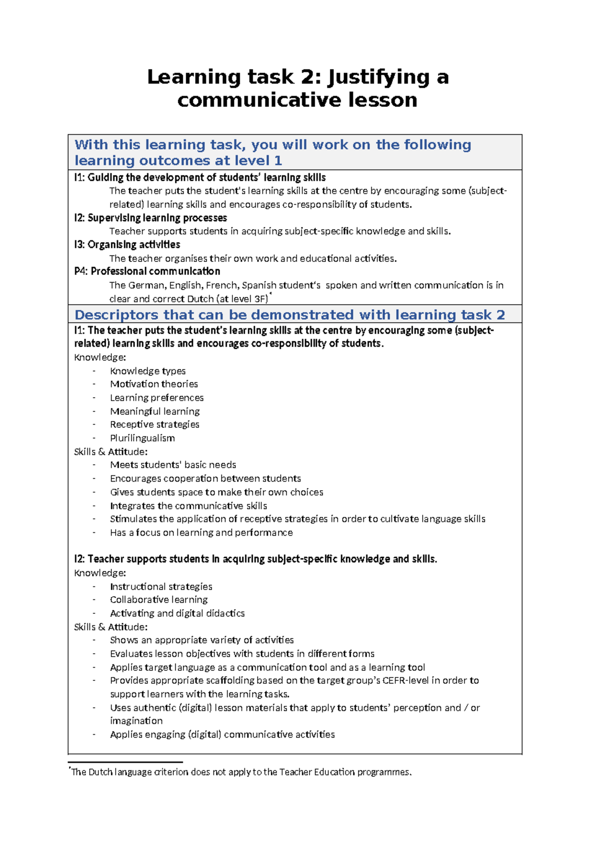 MP-B Learning Task 2: Justifying a Communicative Lesson Plan - Studeersnel