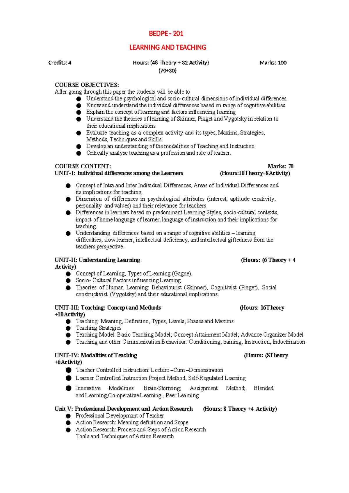 BEDPE 201 LEARNING AND TEACHING: Course Overview and Objectives - Studocu