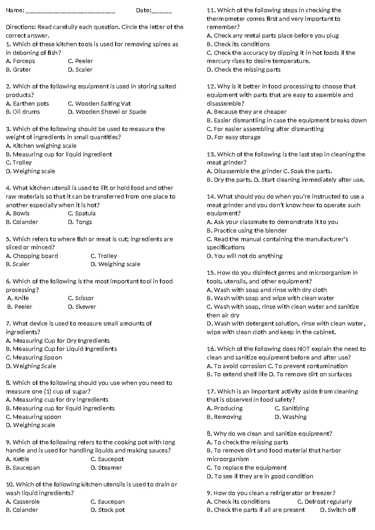 Lesson 1: Measuring and Weighing Ingredients - Handout 1 - Studocu