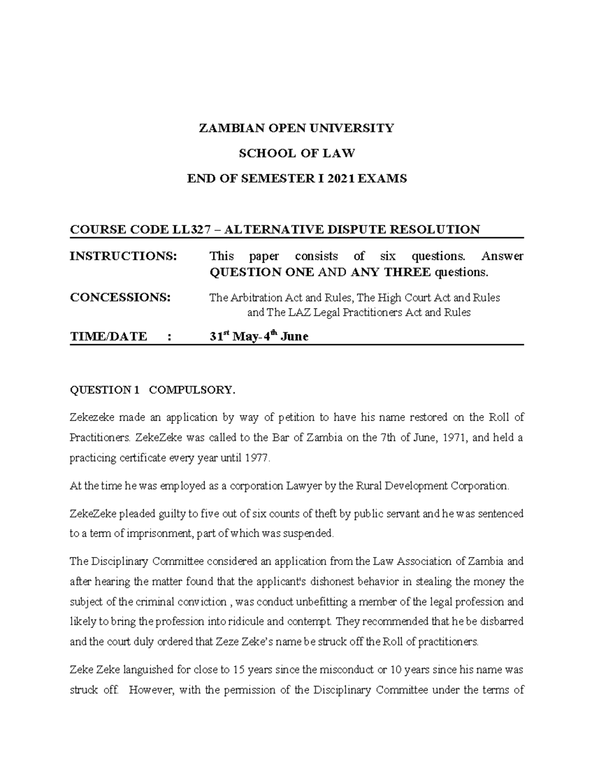 LL327 Alternative Dispute Resolution End of Semester I Exam 2021 - Studocu