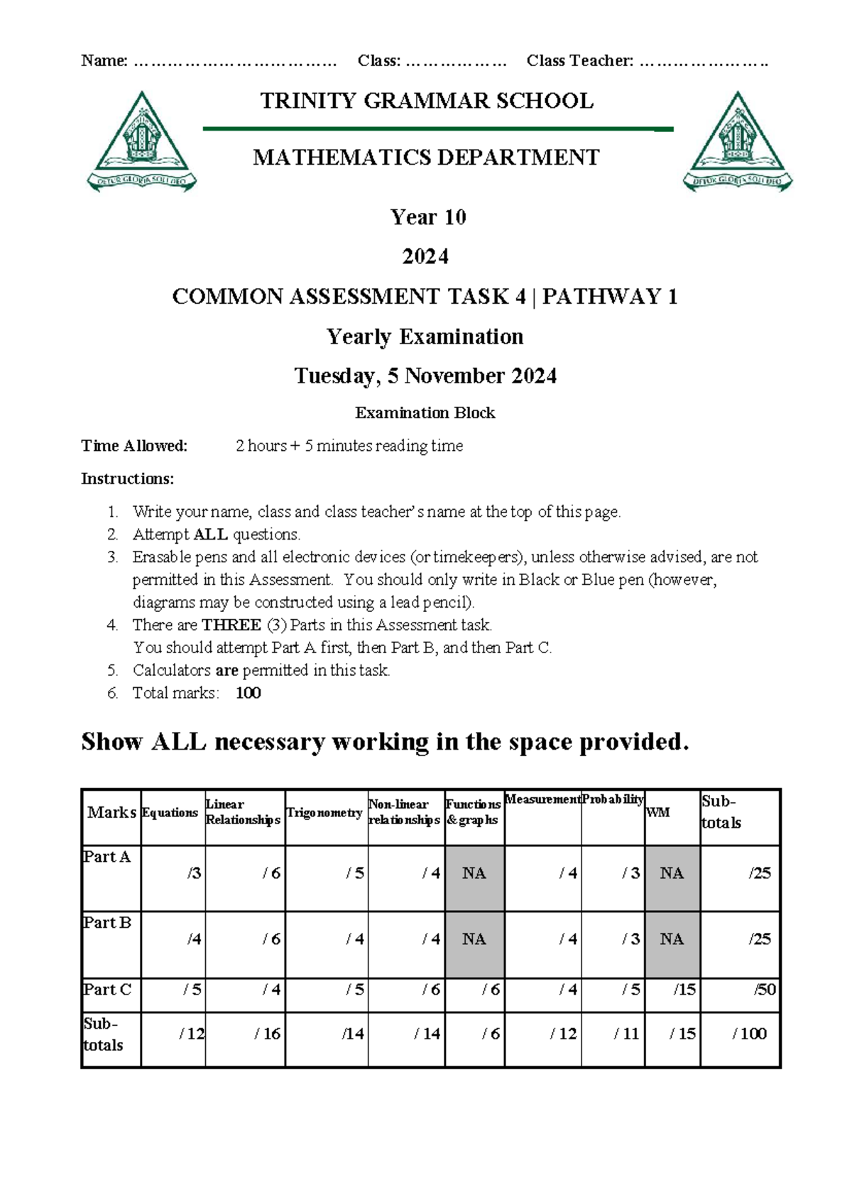 2024 10MA Path 1 Yearly Exam - Common Assessment Task 4 - Studocu