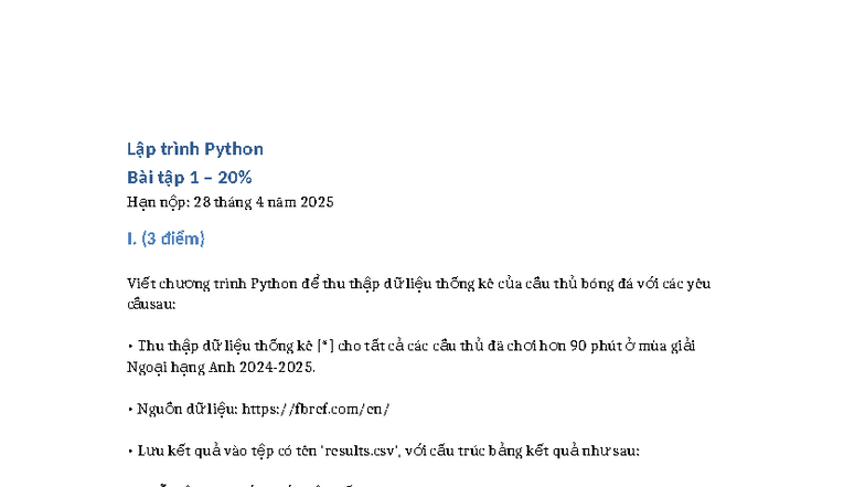 Bài Tập 1: Lập Trình Python - Thu Thập Dữ Liệu Cầu Thủ Bóng Đá - Studocu