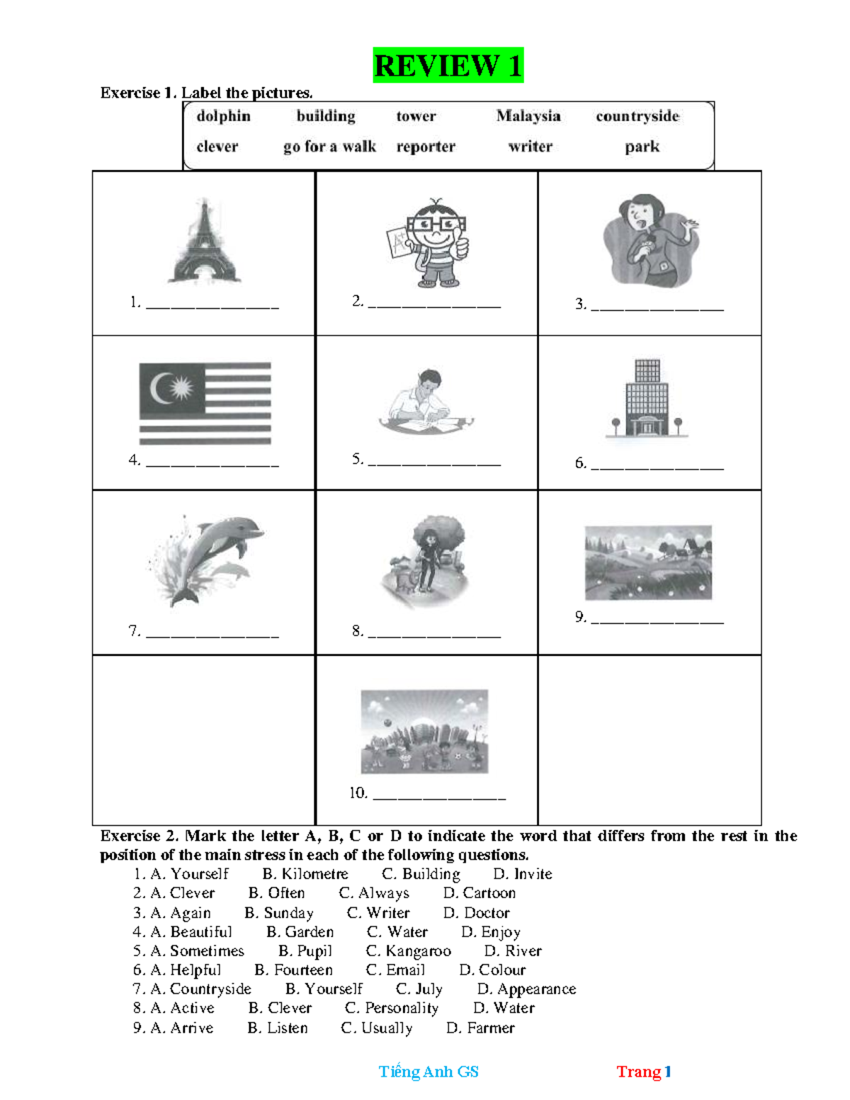 REVIEW 1: Exercises on Vocabulary and Conversation Skills - Studocu