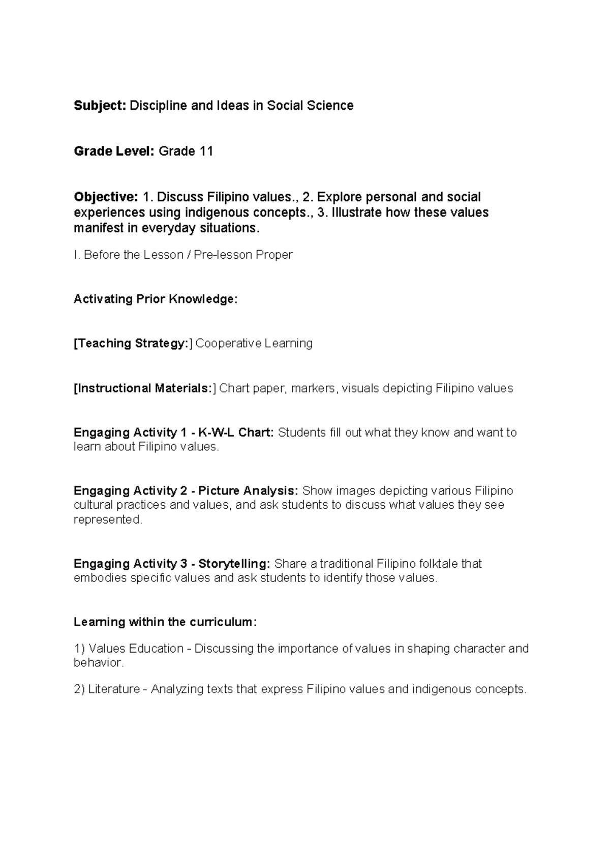 Lesson Plan (16) - Exploring Filipino Values in Social Contexts - Studocu