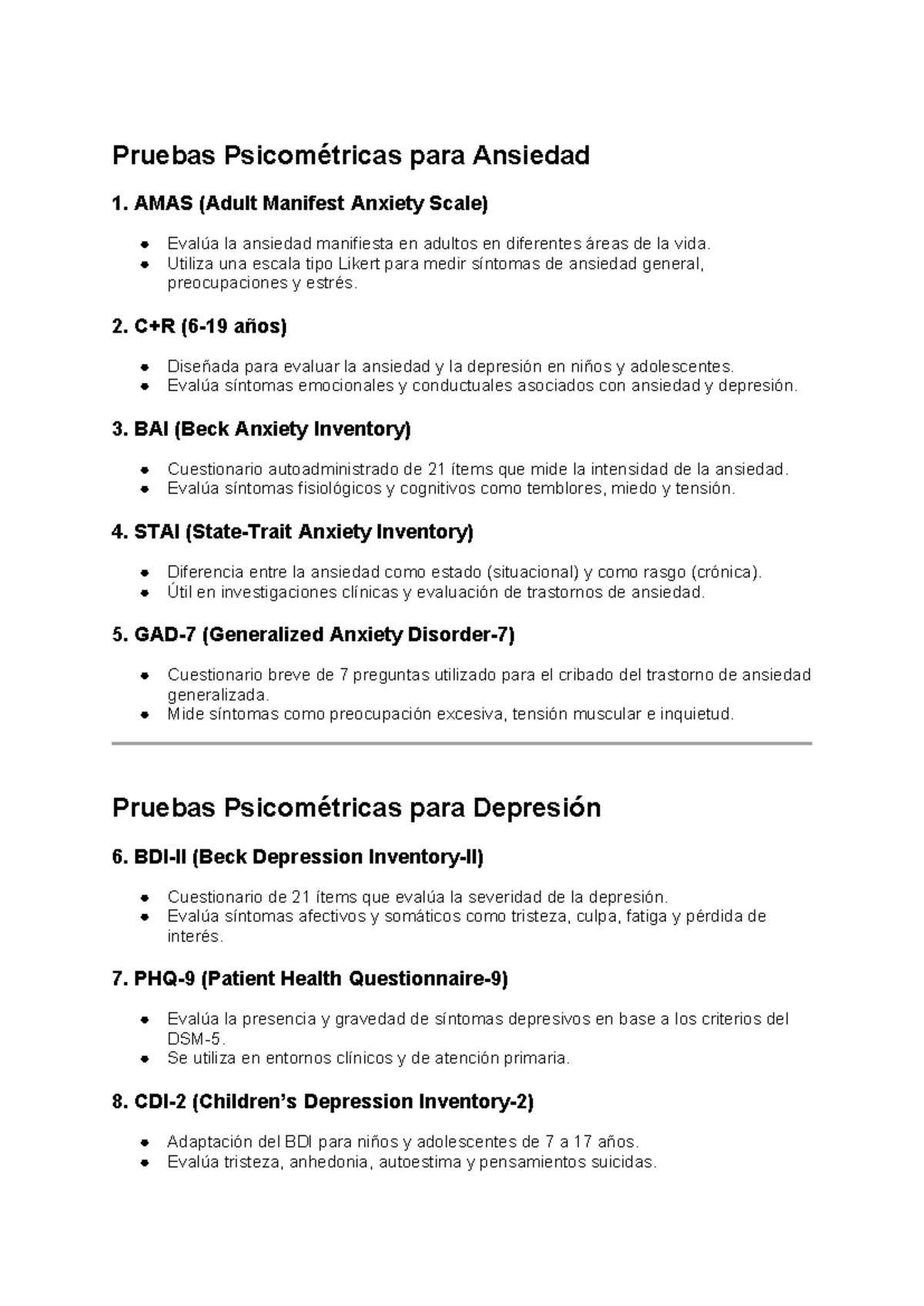 Pruebas Psicométricas: Evaluación de Ansiedad y Depresión - Studocu
