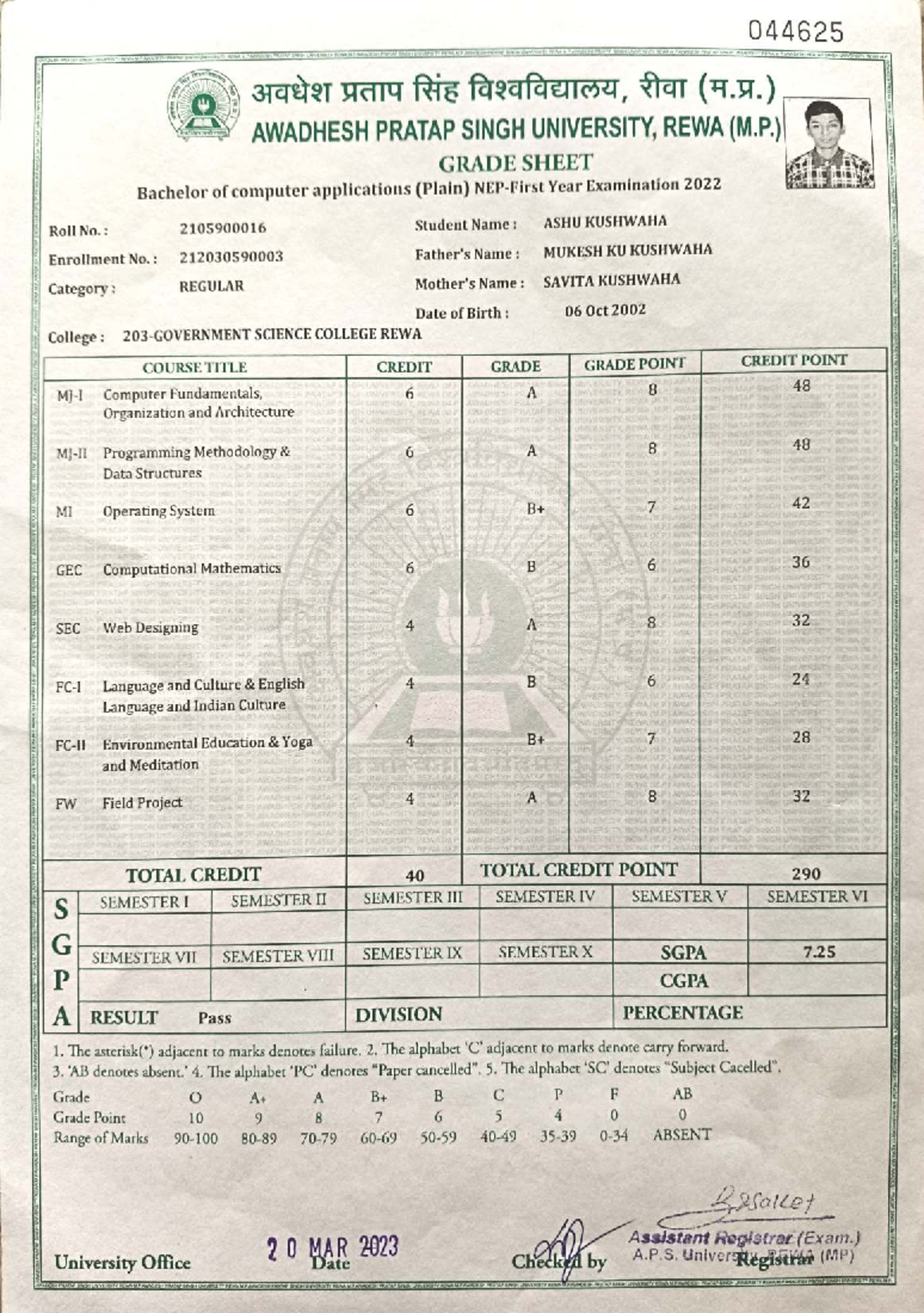 BCA Grade Sheet 2023 - Awadhesh Pratap Singh University, Rewa - Studocu