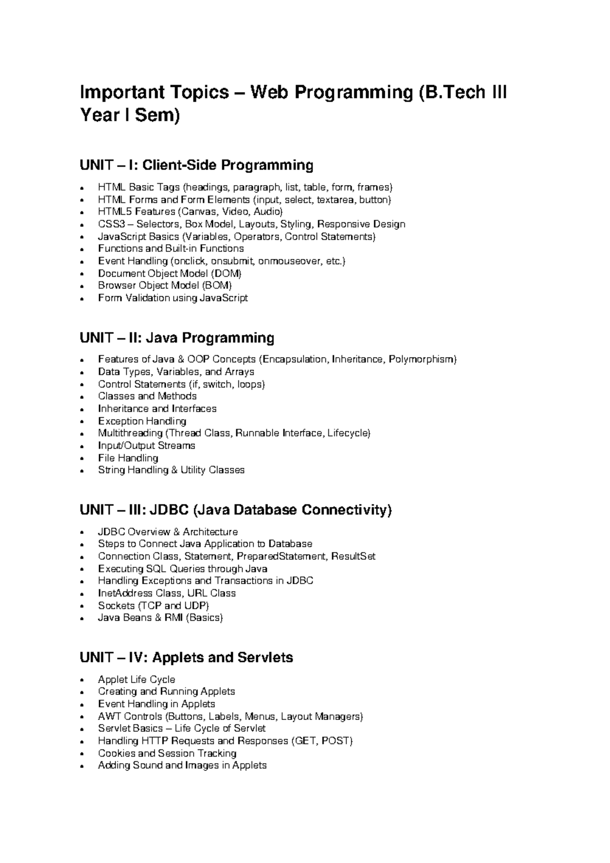 Important Topics in Web Programming (B.Tech Year I Sem) - Studocu