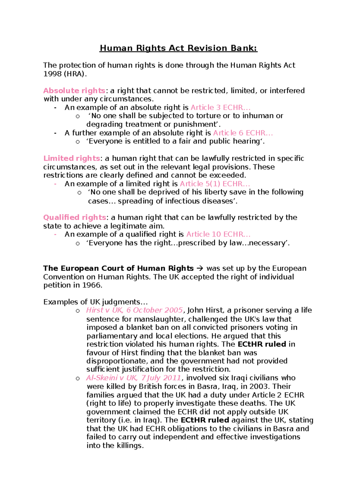 Human Rights Act 1998: Key Concepts and Case Law Overview - Studocu