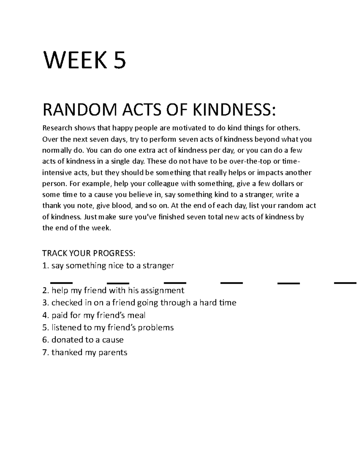 W5 Assignment: Acts of Kindness and Social Connection Tasks - Studocu
