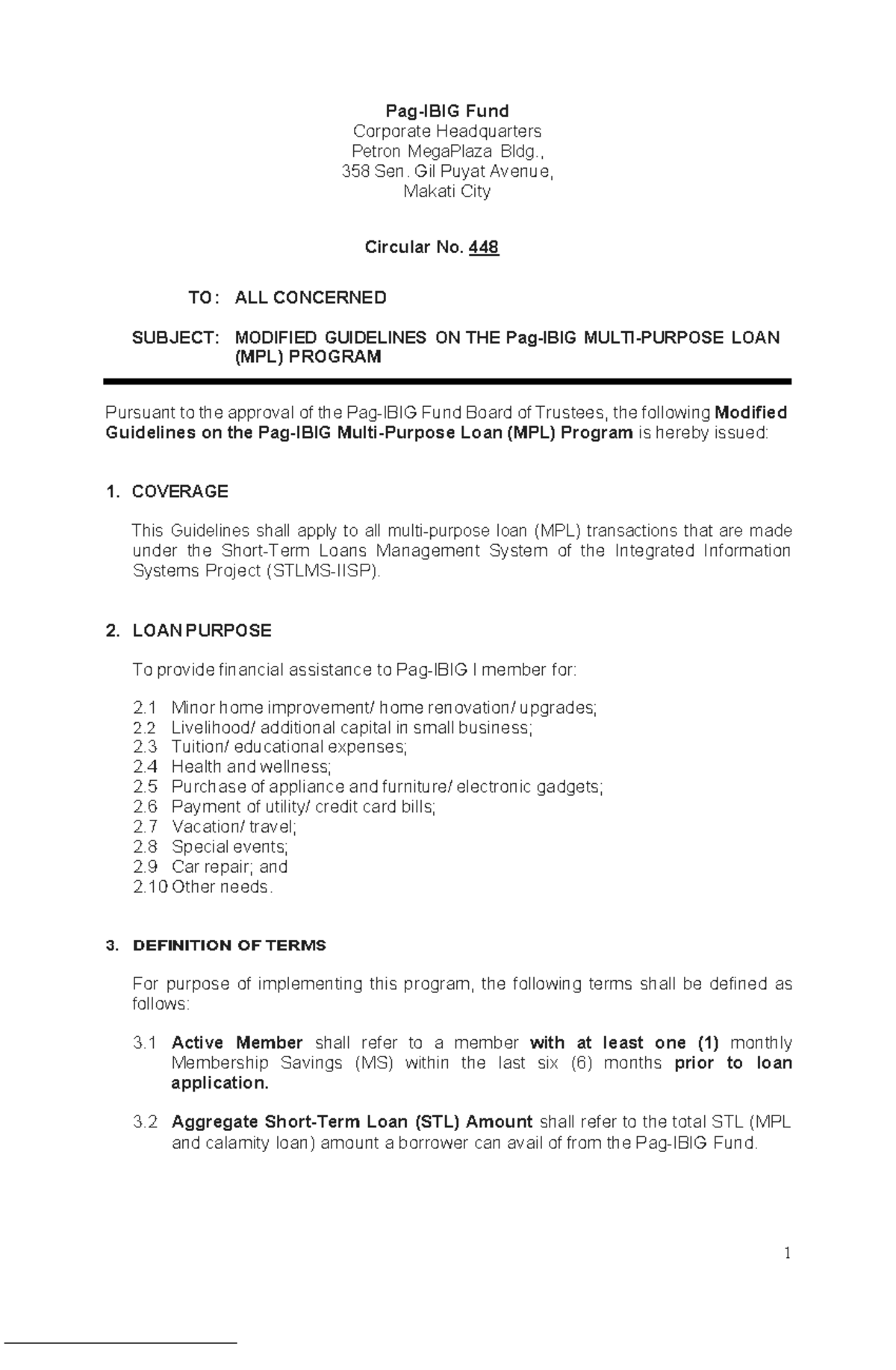 Circular No. 448 - Updated MPL Program Guidelines for Pag-IBIG Fund ...