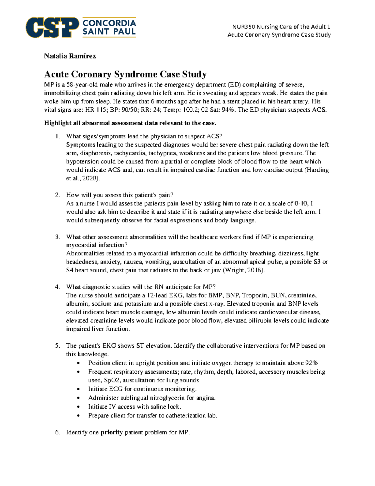 NUR390 Acute Coronary Syndrome Case Study Analysis and Interventions ...