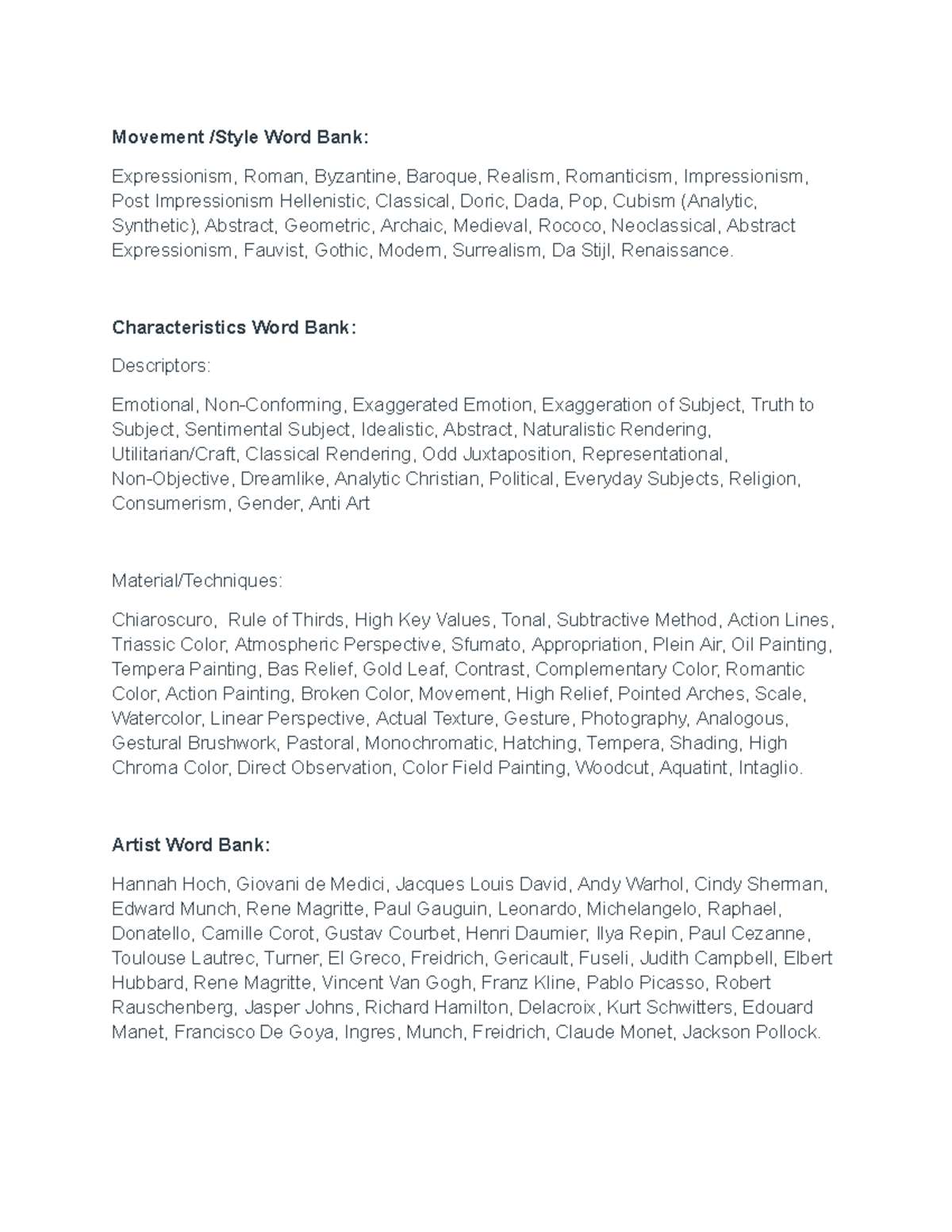 Art History Word Bank: Key Movements, Styles, Techniques & Artists ...