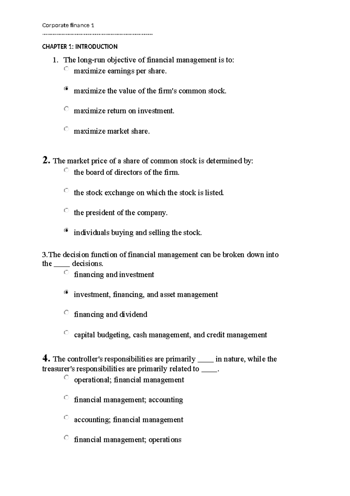 Q- Chapter 1 - Bài tập Chương 1 - Corporate finance 1 - Studocu
