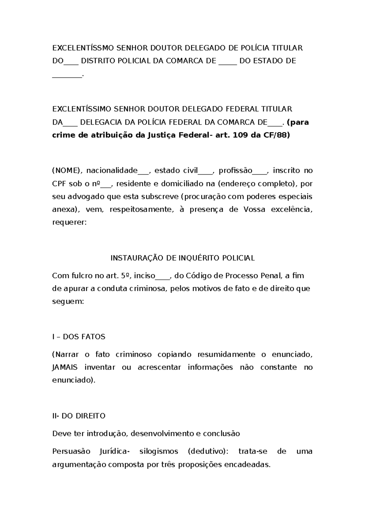 Modelo de Inquérito Policial para Instauração de Processo - Studocu