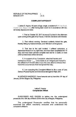 I.S. No. 12 Criminal Complaint Affidavit: Adultery Case Study - Studocu