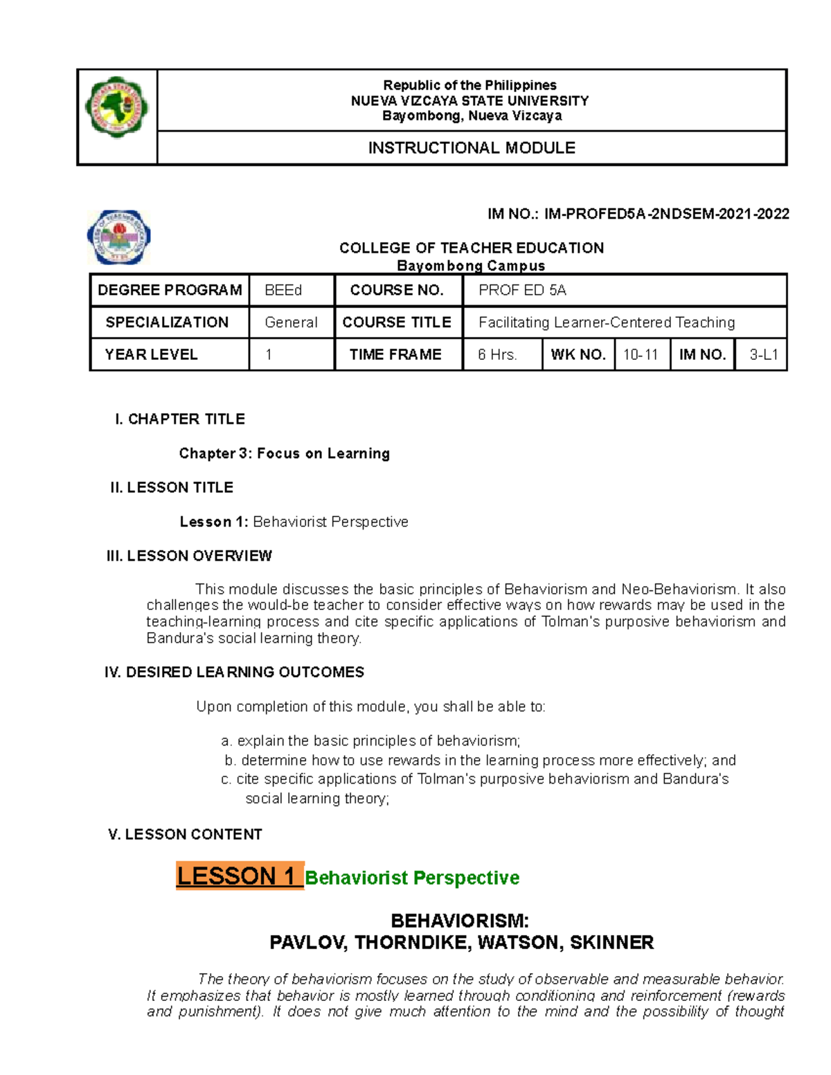 Facilitating Learner-Centered Teaching: Behaviorist Perspective Module ...
