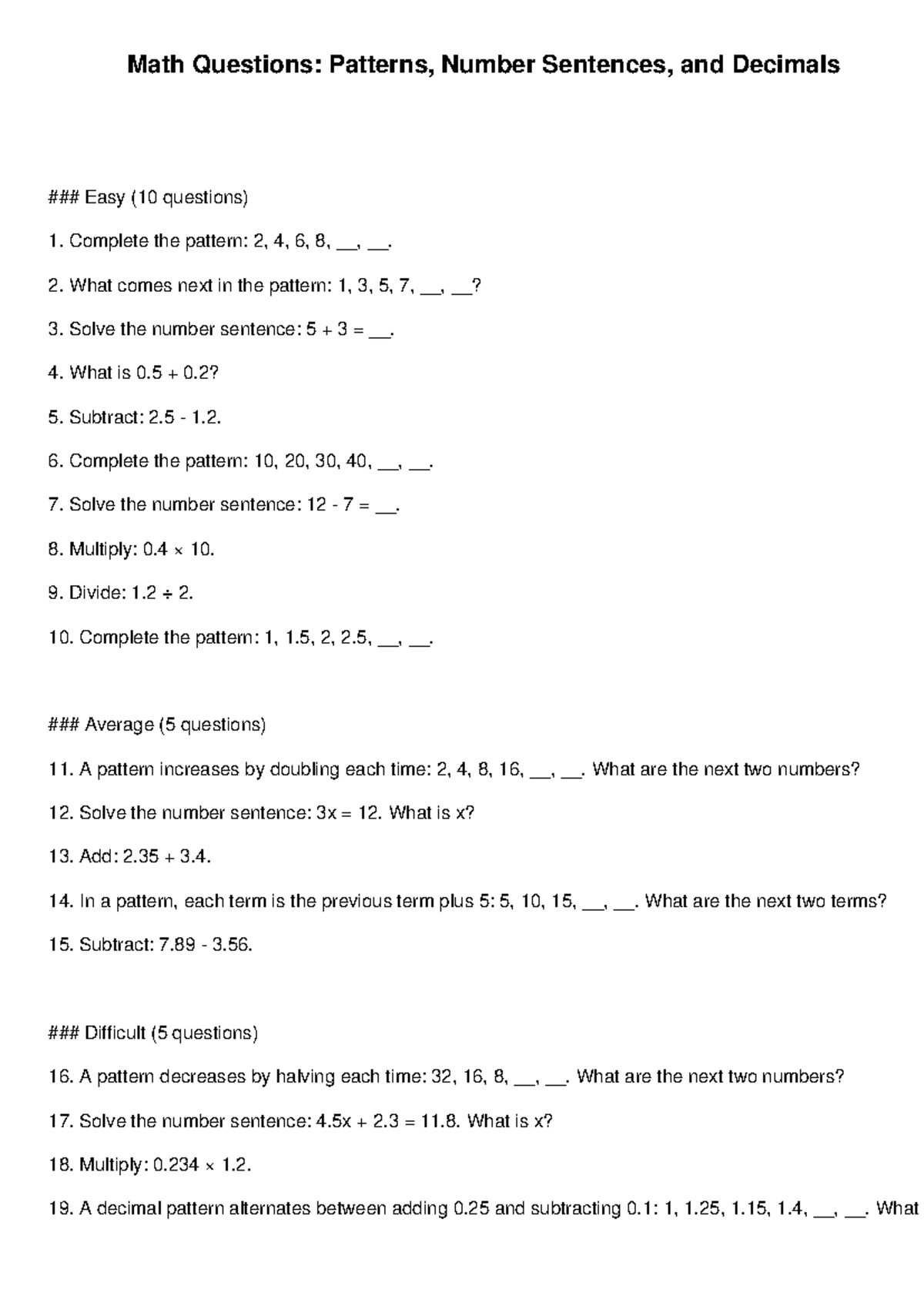 Math Questions Patterns Decimals - Math Questions: Patterns, Number ...