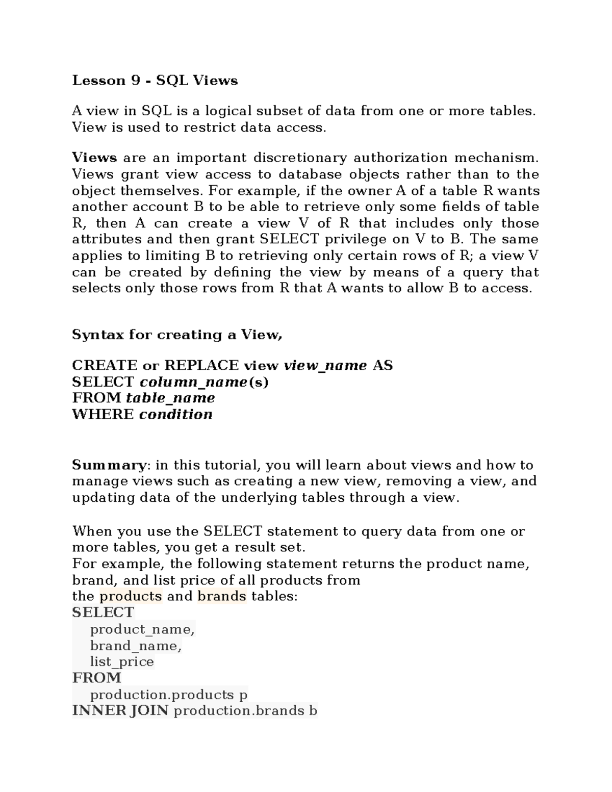 Lesson 12 - SQL Views - Database Administration and Programming notes ...