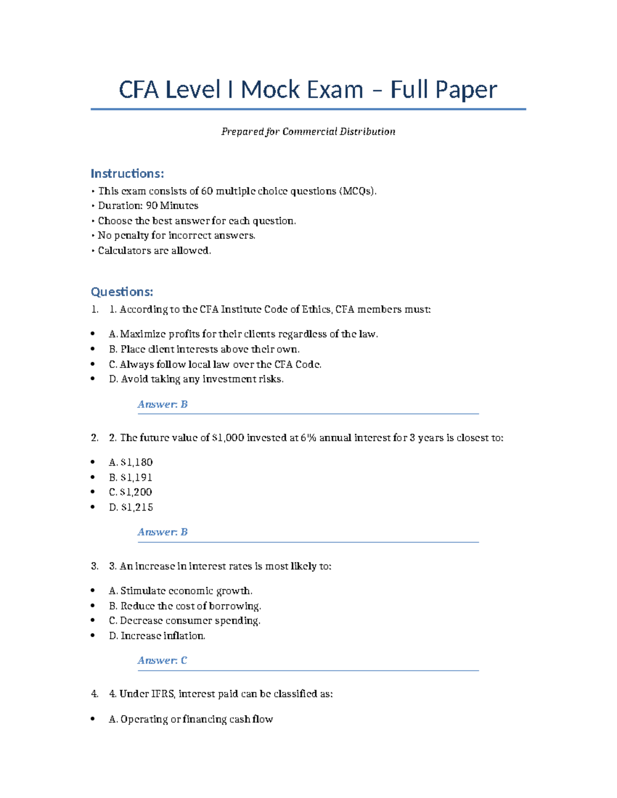 CFA Level I Mock Exam Sample Paper for Practice - Studocu
