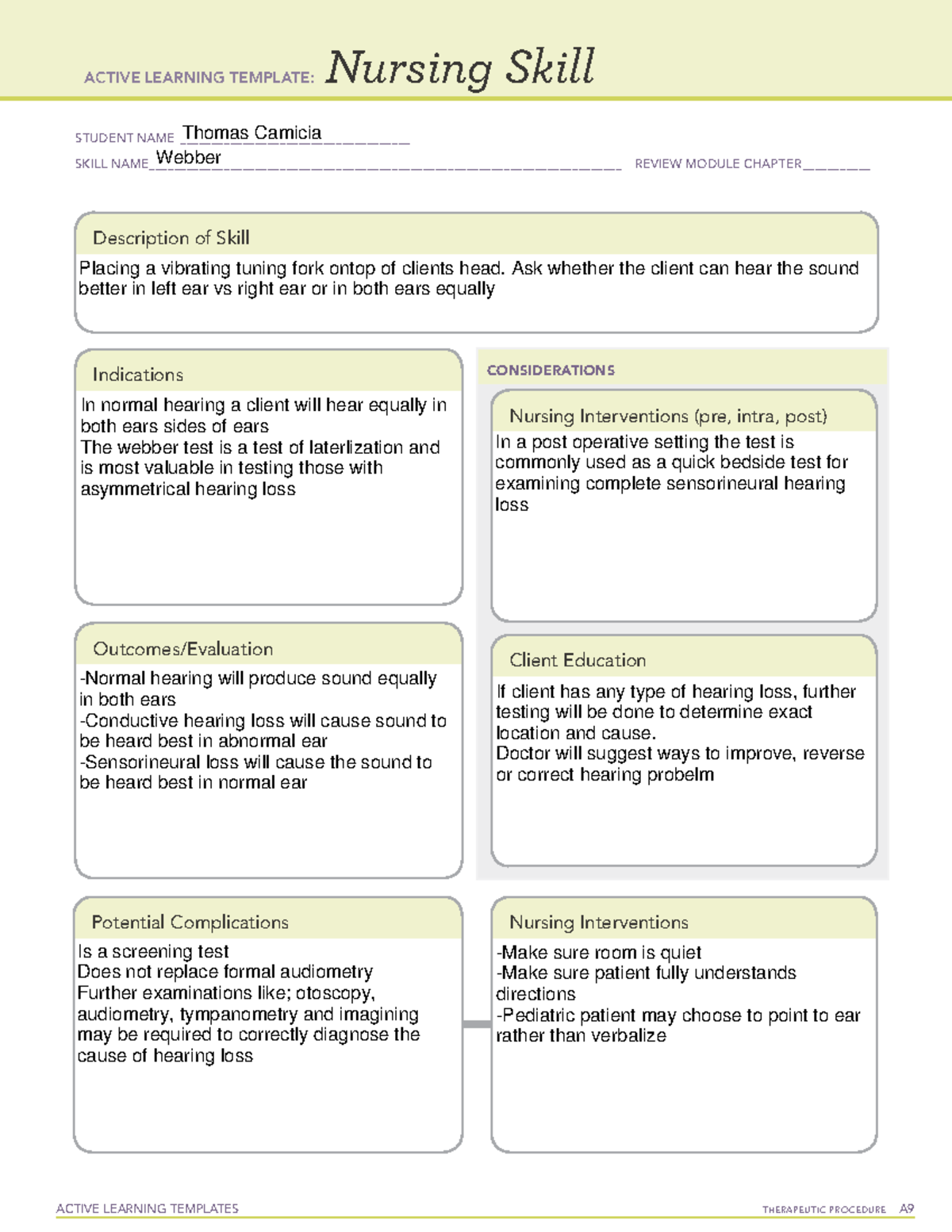 ATI Nursing Skills Template: Webber Test Overview and Procedures - Studocu
