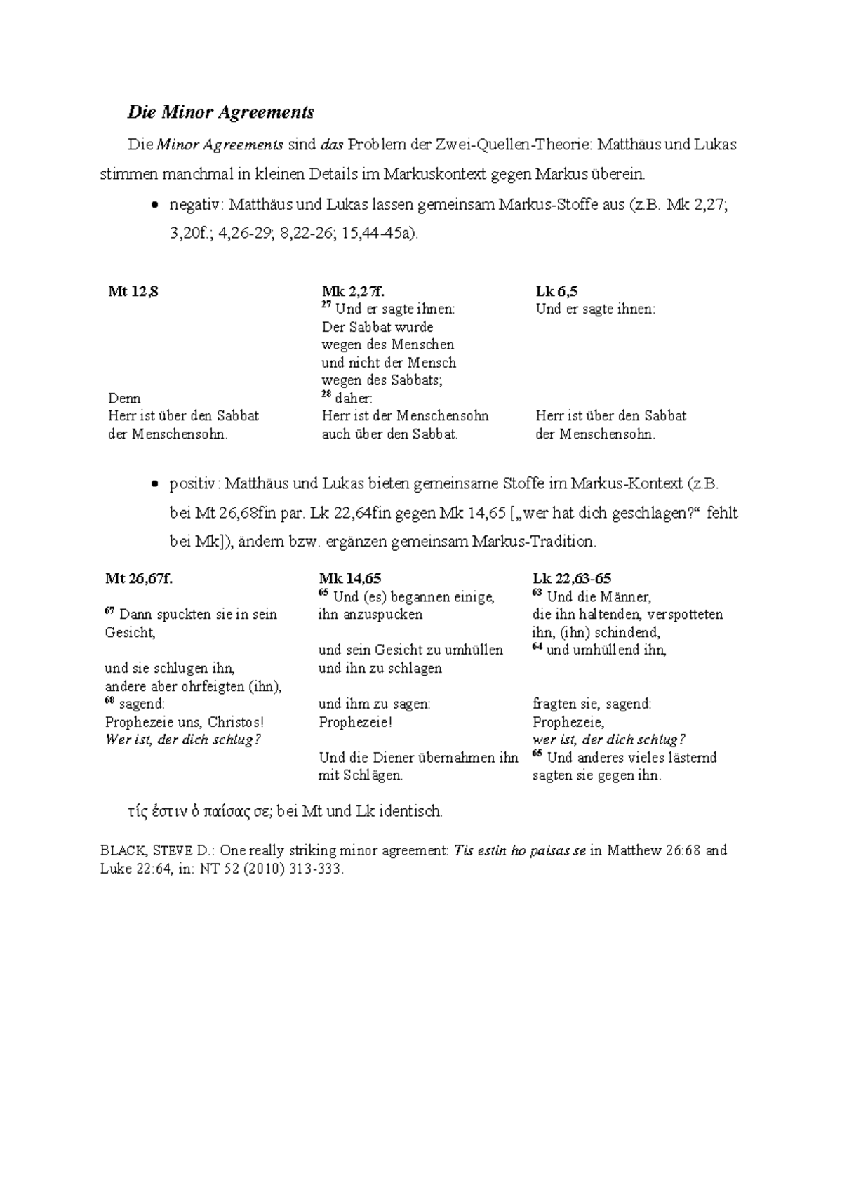Beispiele Minor Agreements - Die Minor Agreements Die Minor Agreements ...