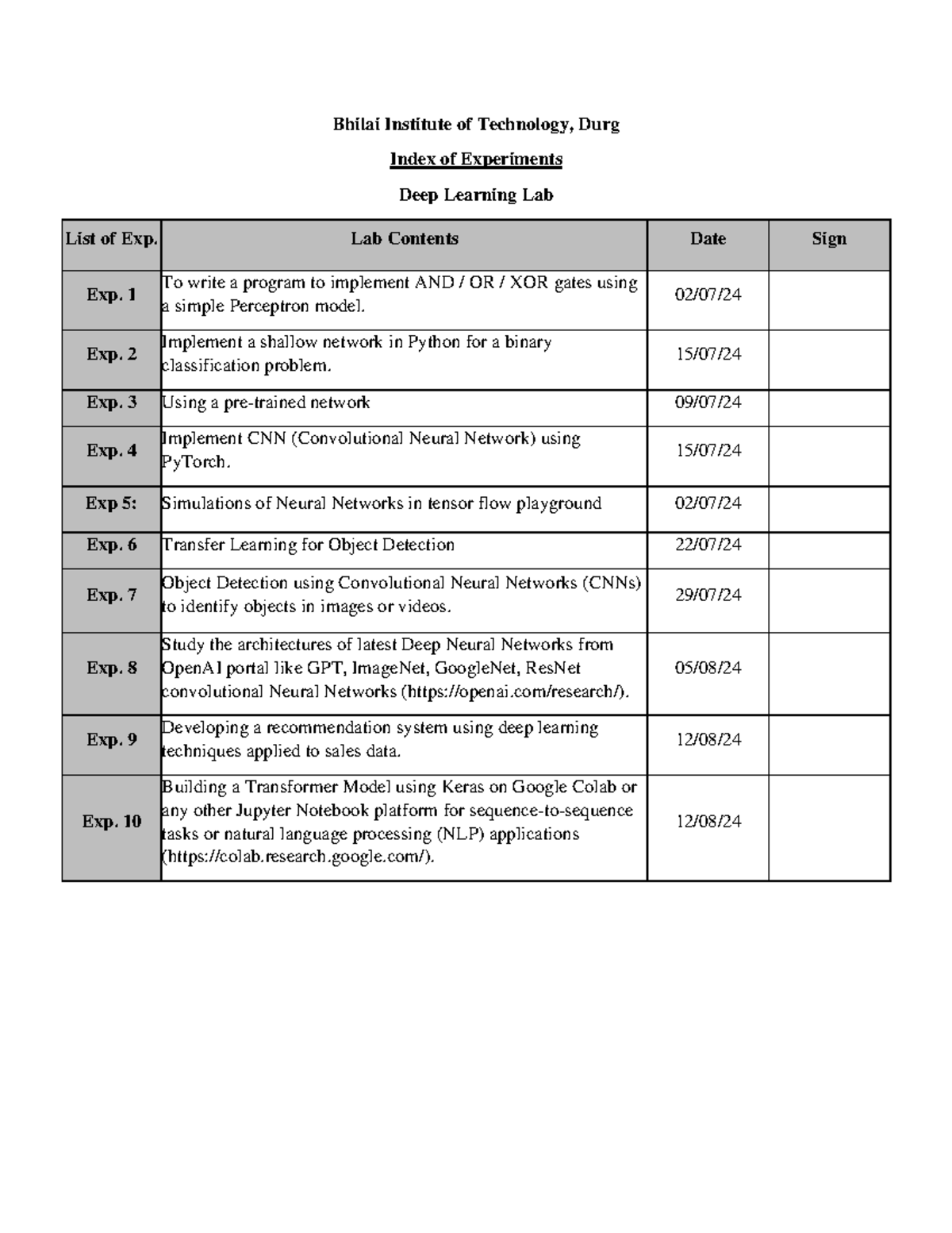 Deep Learning Lab Record - Bhilai Institute of Technology, Durg Index ...