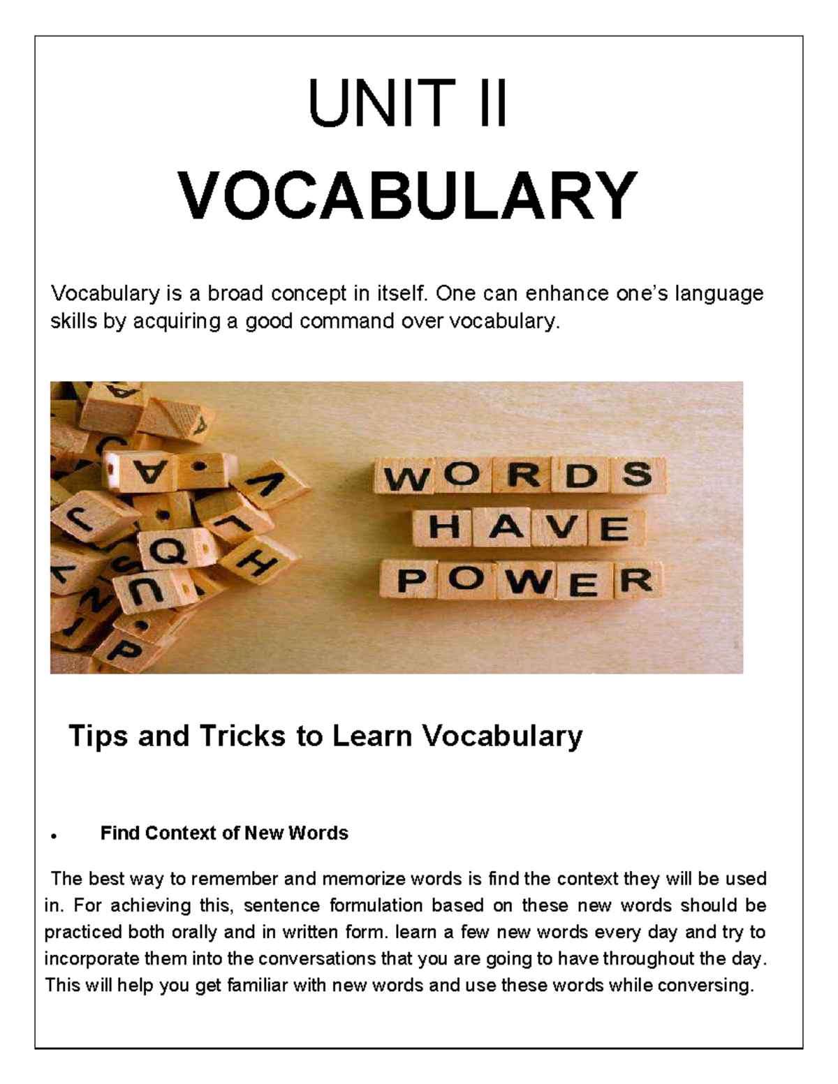Unit II Lecture Notes Vocabulary - UNIT II VOCABULARY - Studocu