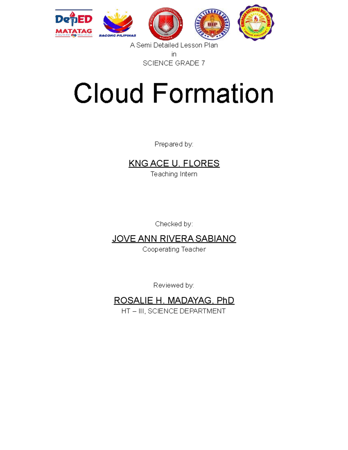 Semi-Detailed Lesson Plan: Cloud Formation in SCIENCE GRADE 7 - Studocu