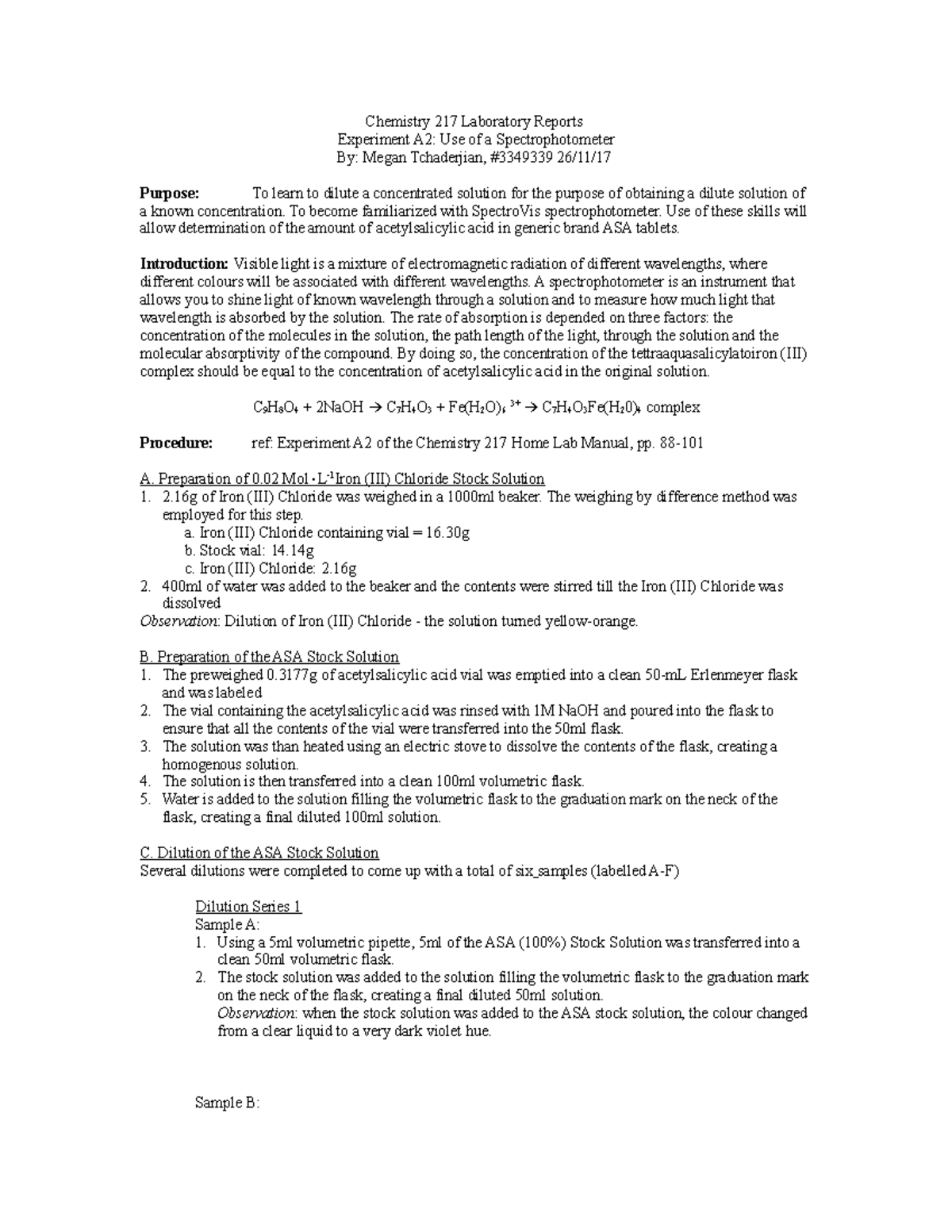 Chemistry 217: Lab A2 - Spectrophotometer Analysis of ASA Concentration ...
