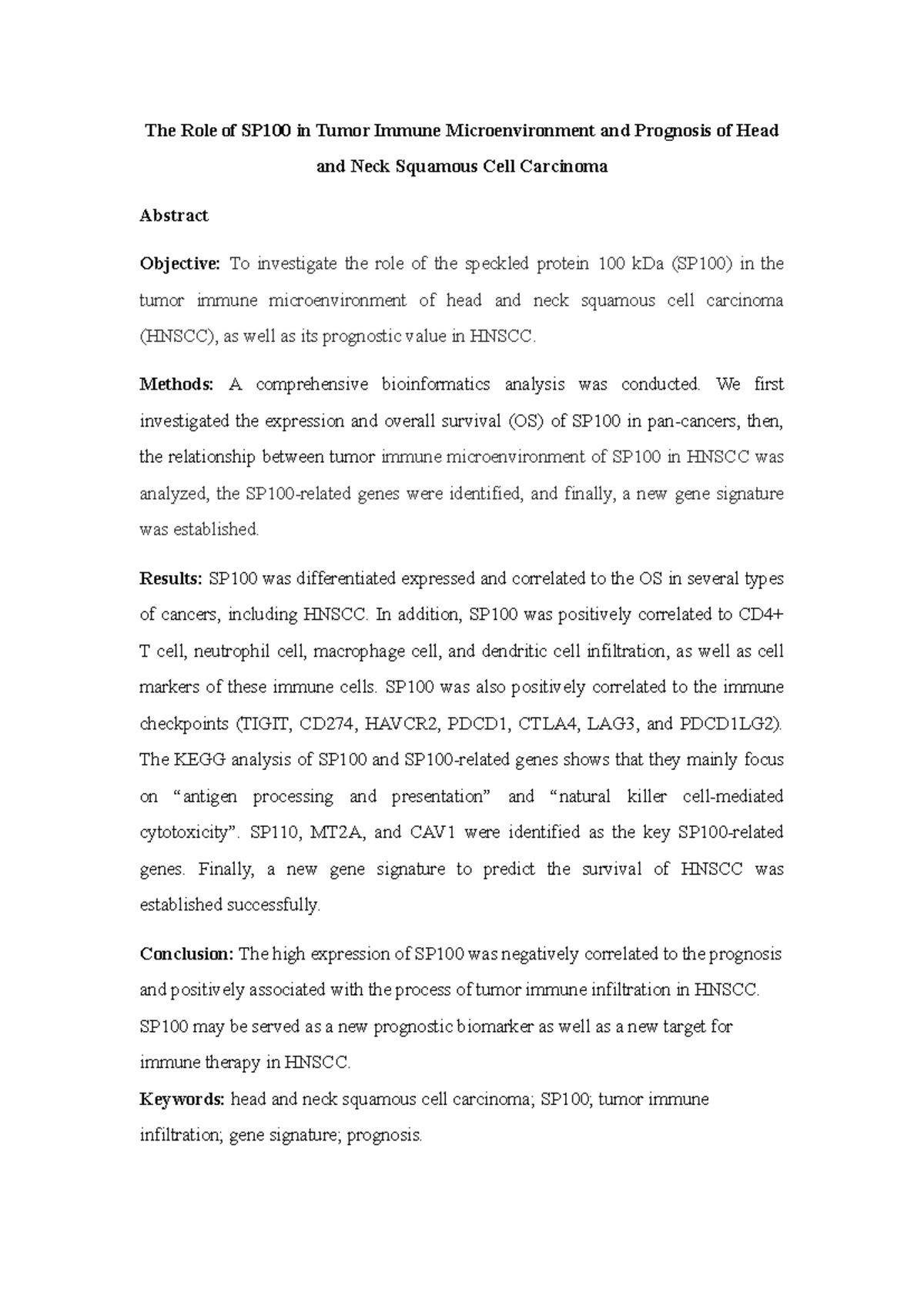 The Role of SP100 in Tumor Immune Microenvironment: HNSCC Insights ...