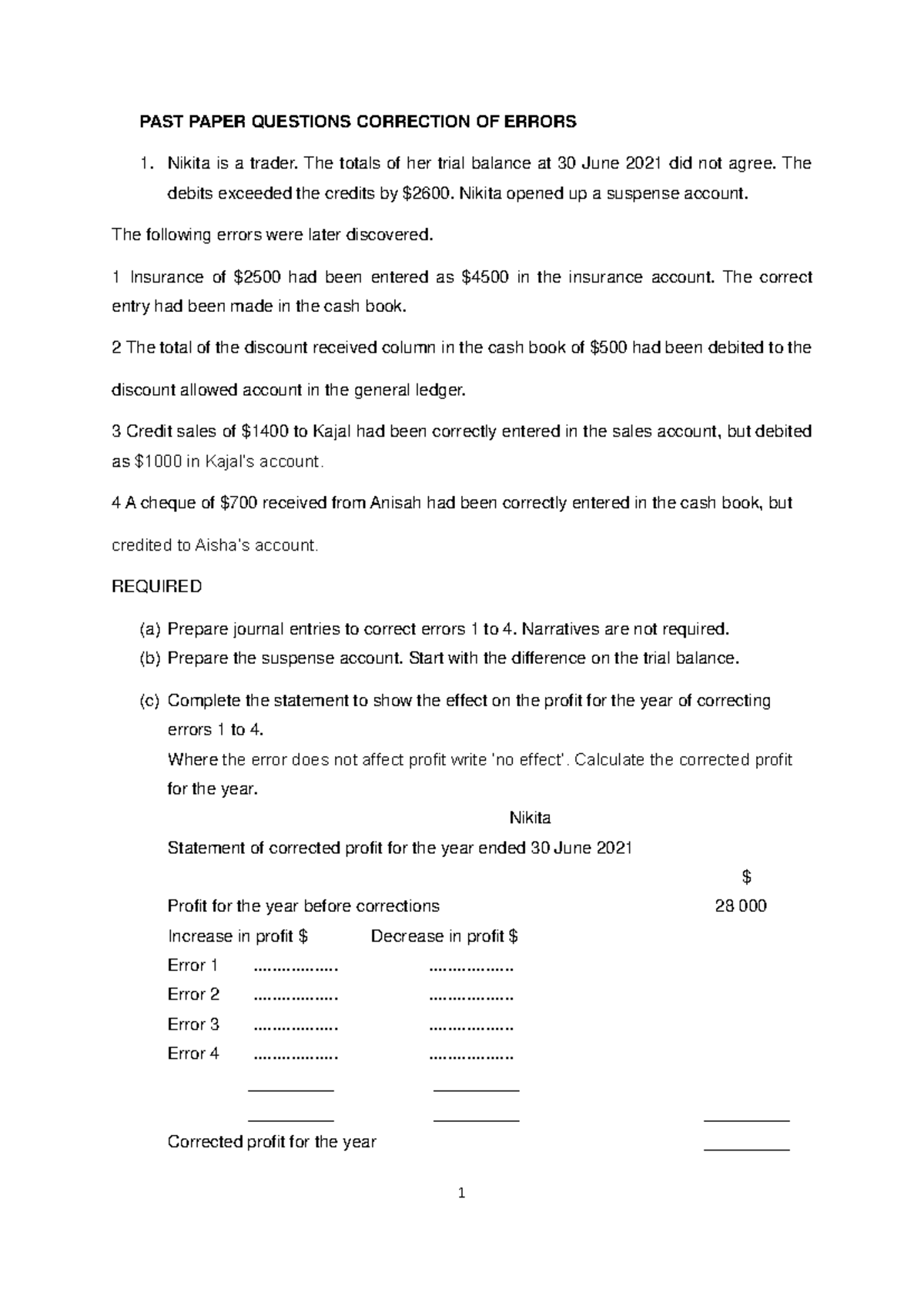 PAST PAPER QUESTIONS: Correction of Errors for ACC 101 - Studocu