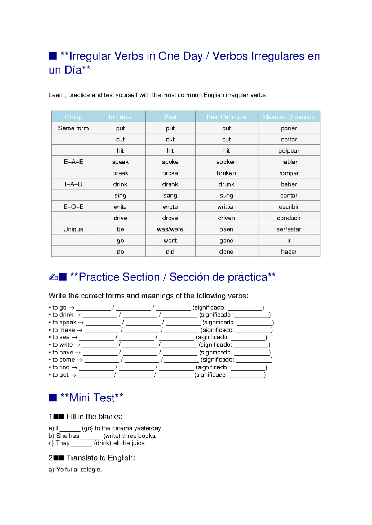Irregular Verbs Study Sheet: Common English Verbs Guide - Studocu
