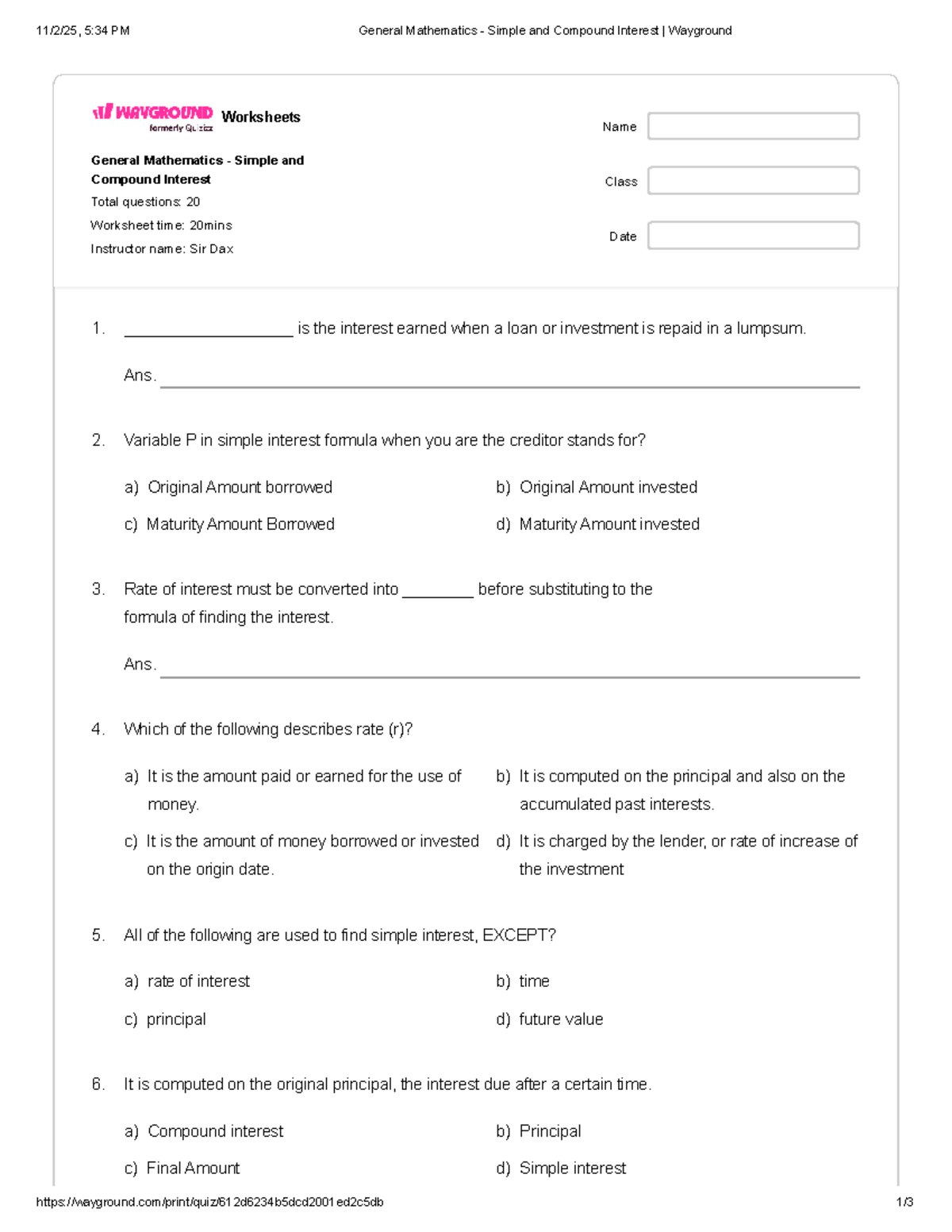 General Mathematics - Simple & Compound Interest Worksheet (20 Qs ...