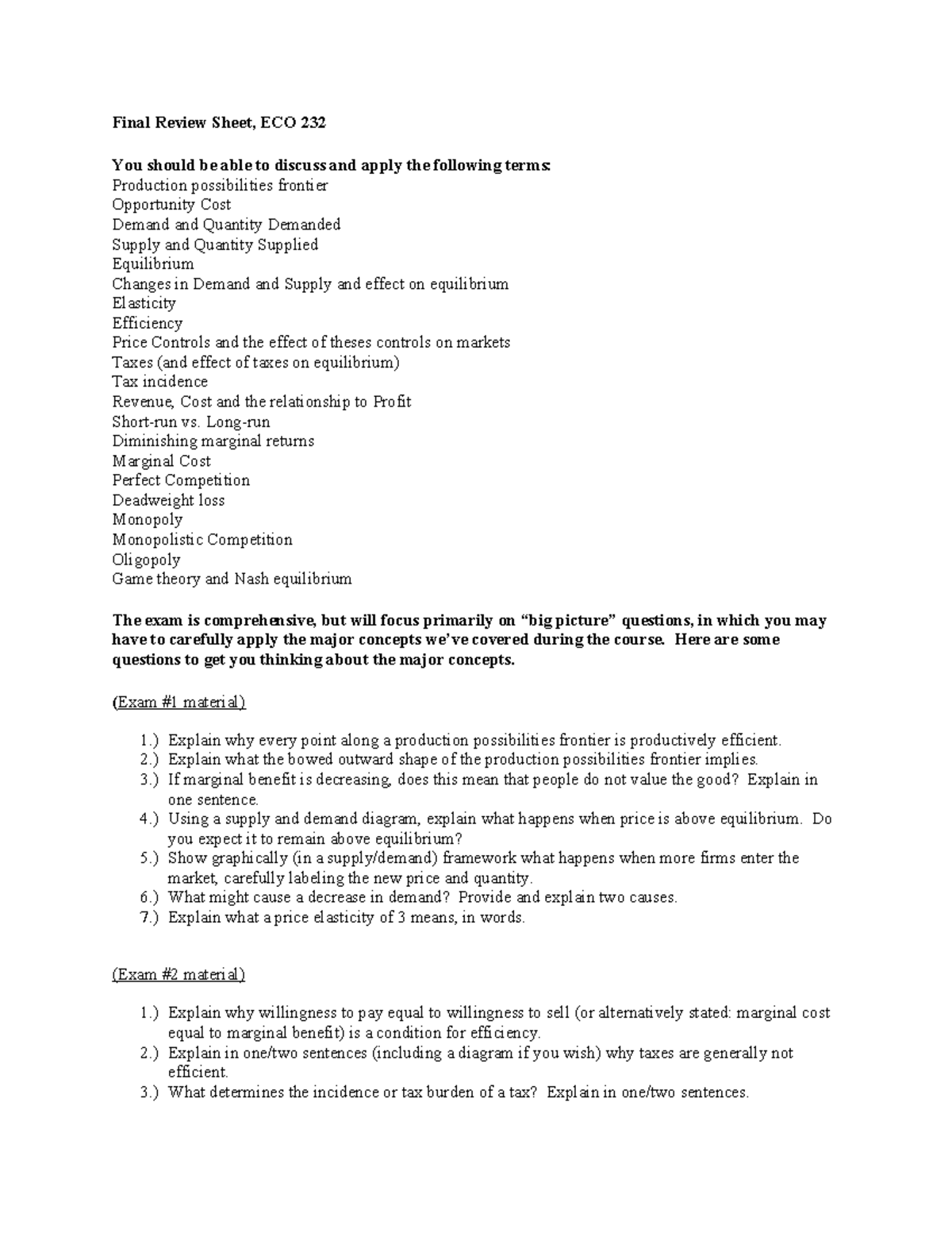Final Review Sheet for ECO 232: Key Concepts and Exam Prep - Studocu