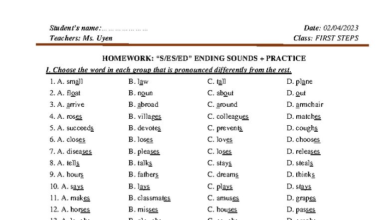 FIRST STEPS HOMEWORK: ENDING SOUNDS PRACTICE (FS 02) - Studocu