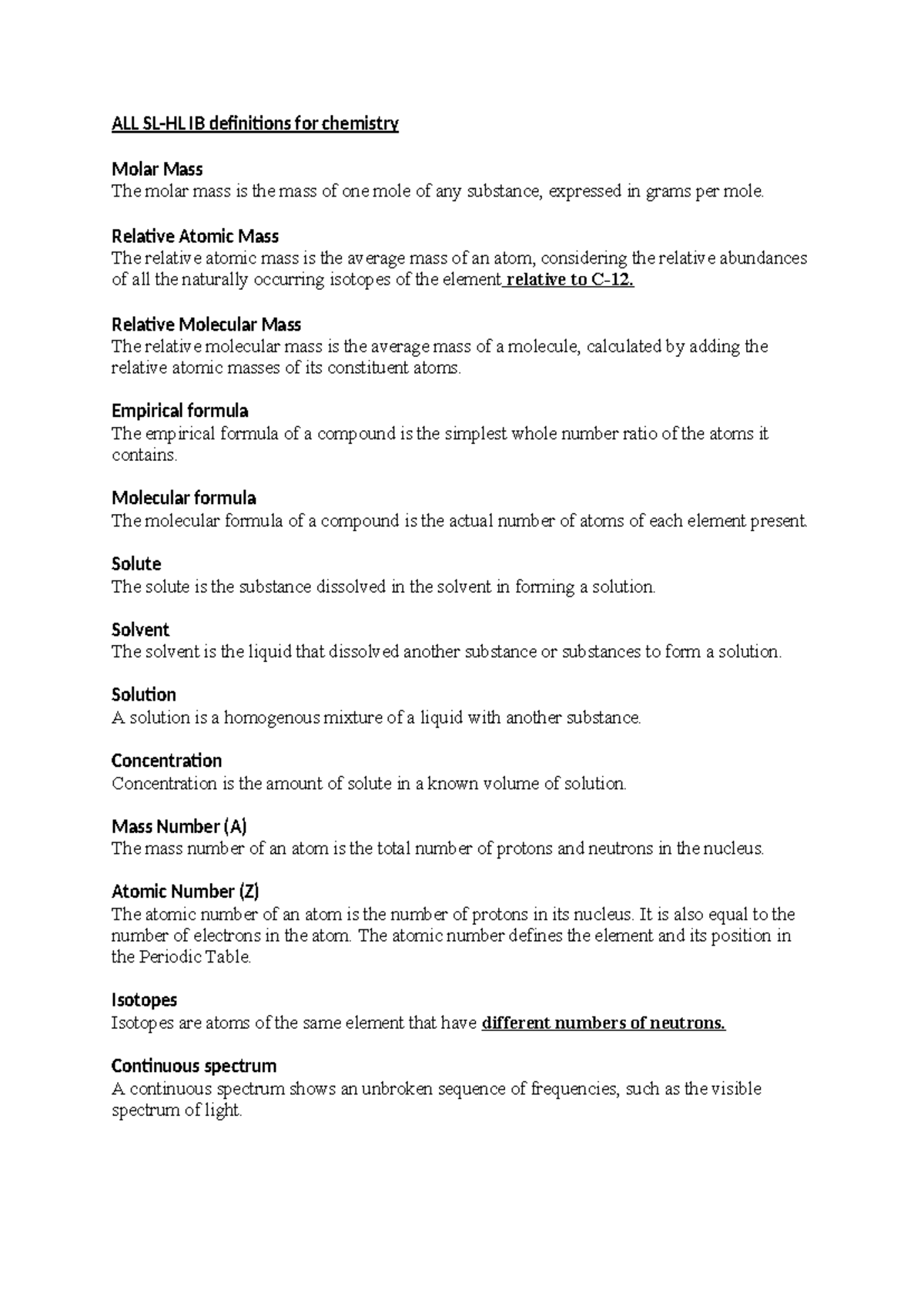 IB Chemistry Definitions: Key Concepts and Terms - Studocu