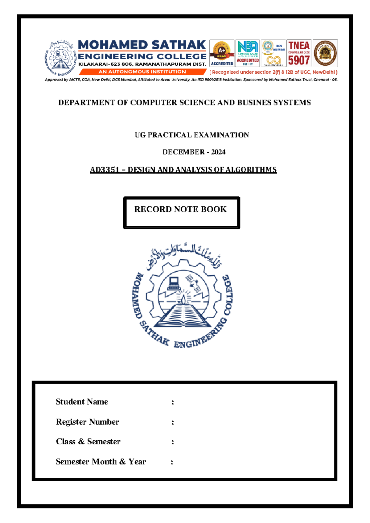 AD3351 UG Practical Exam Record: Design & Analysis of Algorithms - Studocu