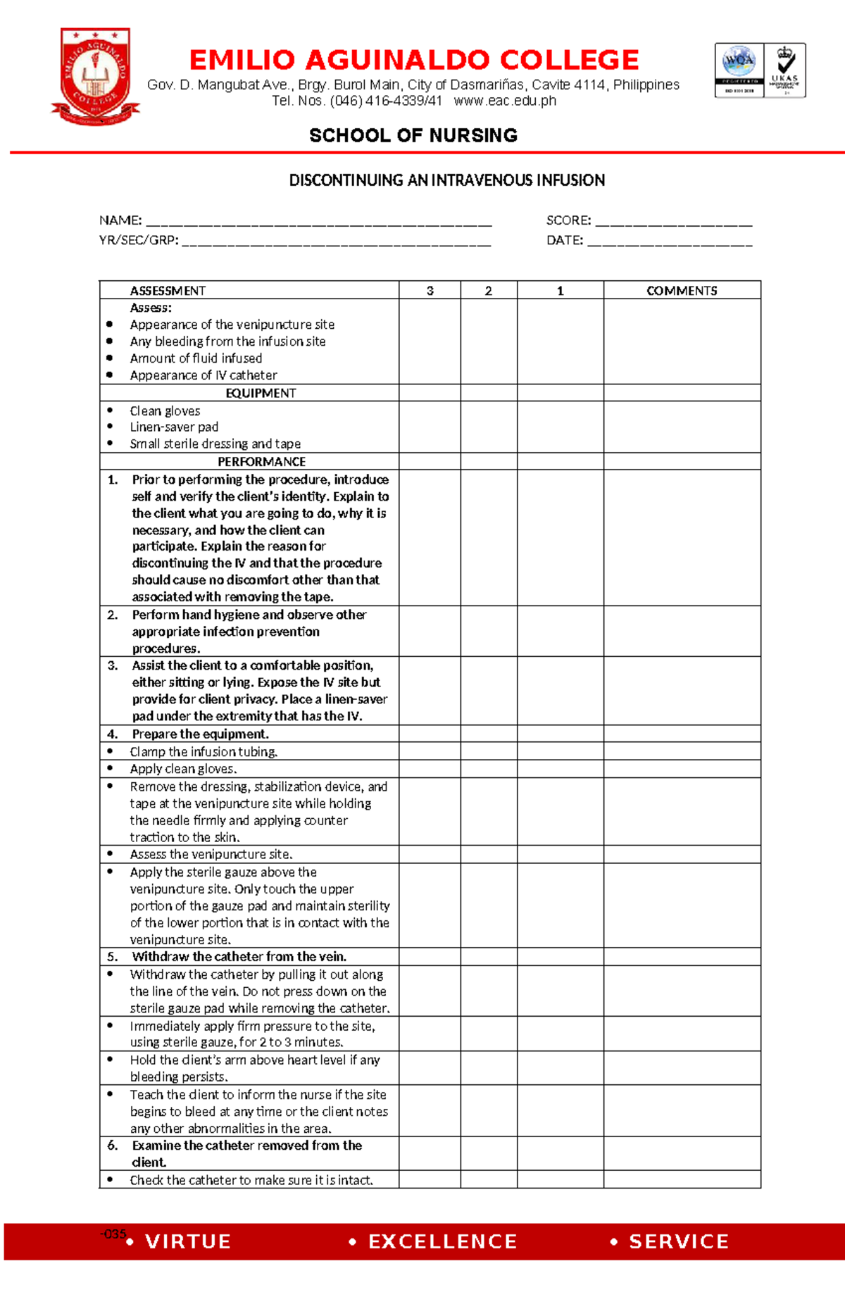 NURS 101 Checklist for Discontinuing an Intravenous Infusion - Studocu