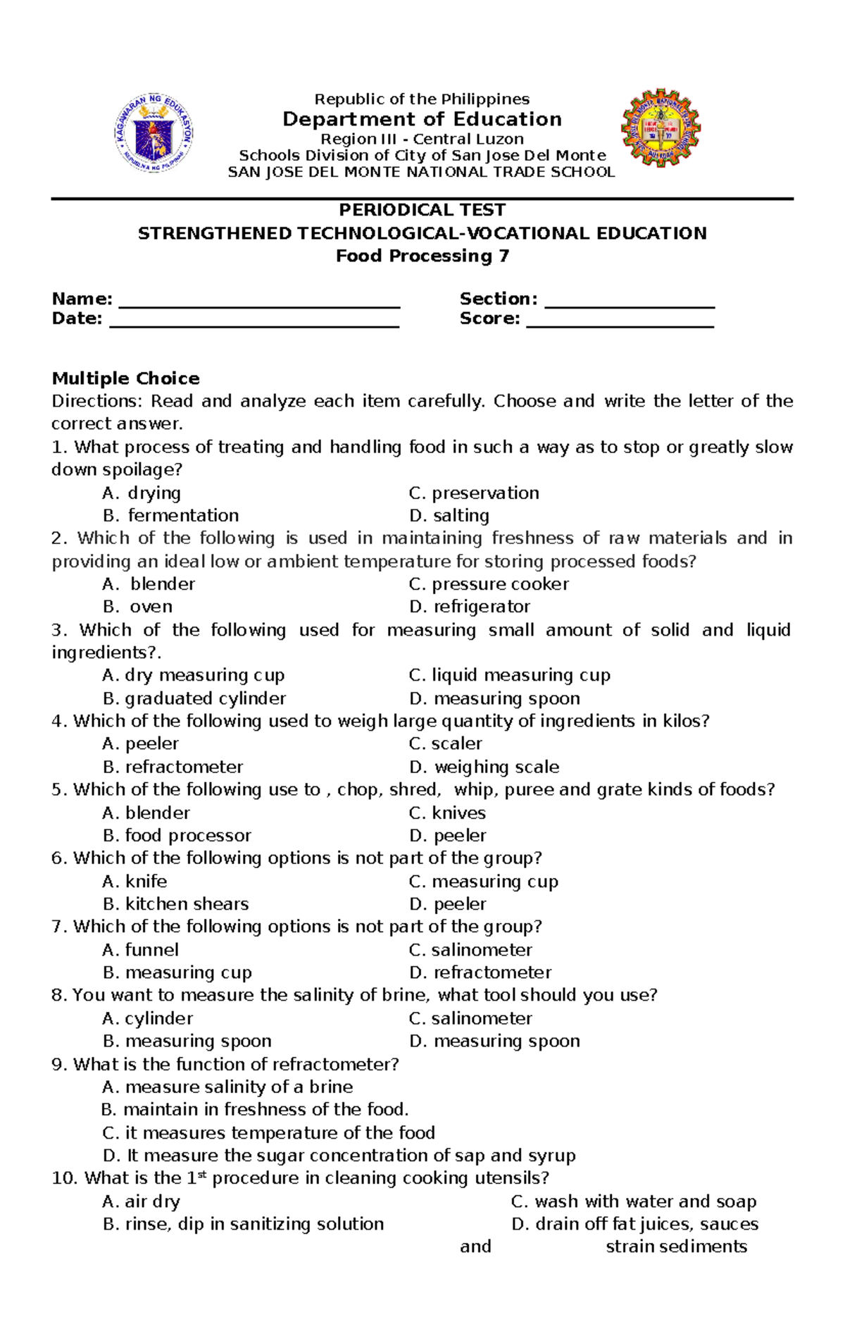 1ST Periodical Test in Food Processing 7: Assessment & Key Answers ...