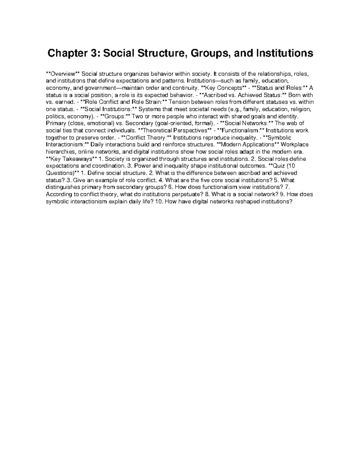 Chapter 3: Social Structure, Groups, and Institutions Overview - Studocu